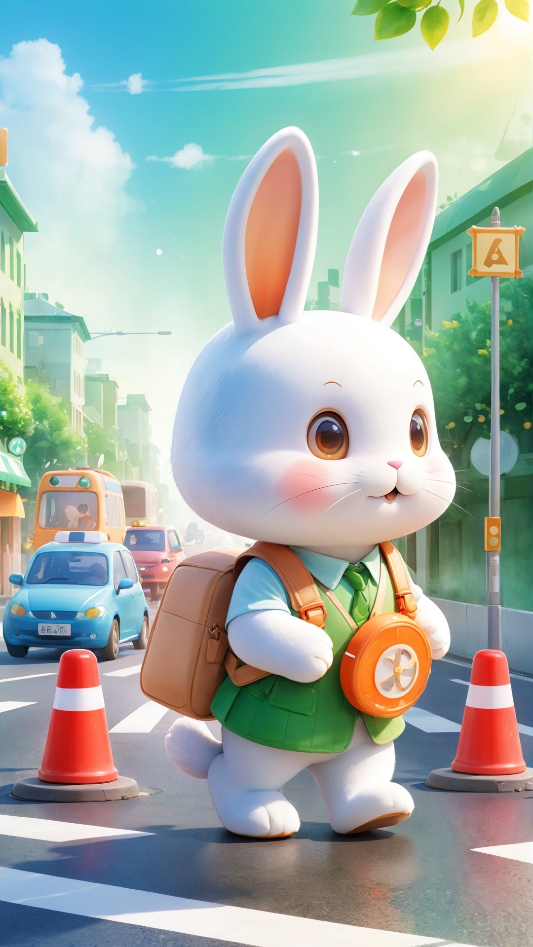 Chibi mascot includes the best quality, Beautiful soft light, the little rabbit has become much sensible. It began to take the initiative to abide by traffic rules, stop waiting for green lights, polite pedestrians, and protect the safety of themselves and others,Watercolor children's illustration style,high detail, ultra clear 8k,c4d,