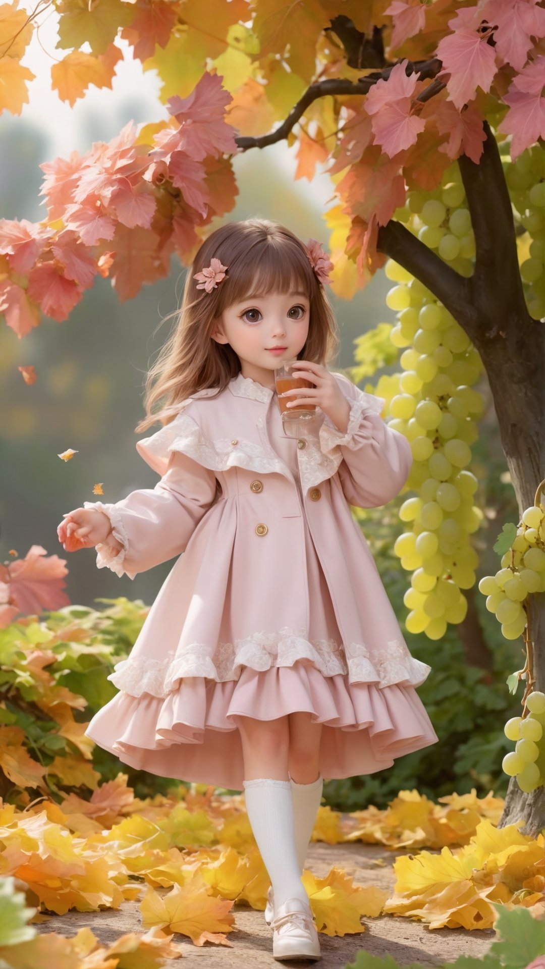 Side view, Autumn style, realistic high quality grapes tree, grapes full the branch, maple leaves falling, 1girl, big eyes so charming, happy,  under the tree have a table, and grape and beautiful flowers, maple leaves falling, and a adorable lovely cute big charming eyes girl wearing pink and white Ruffles dress and coat, holding juice 
 near flowers, Turn around and look viewers , pink flowers blooming fantastic amazing and romantic lighting bokeh, yellow flowers blooming realistic and green plants amazing tale and lighting as background, Xxmix_Catecat