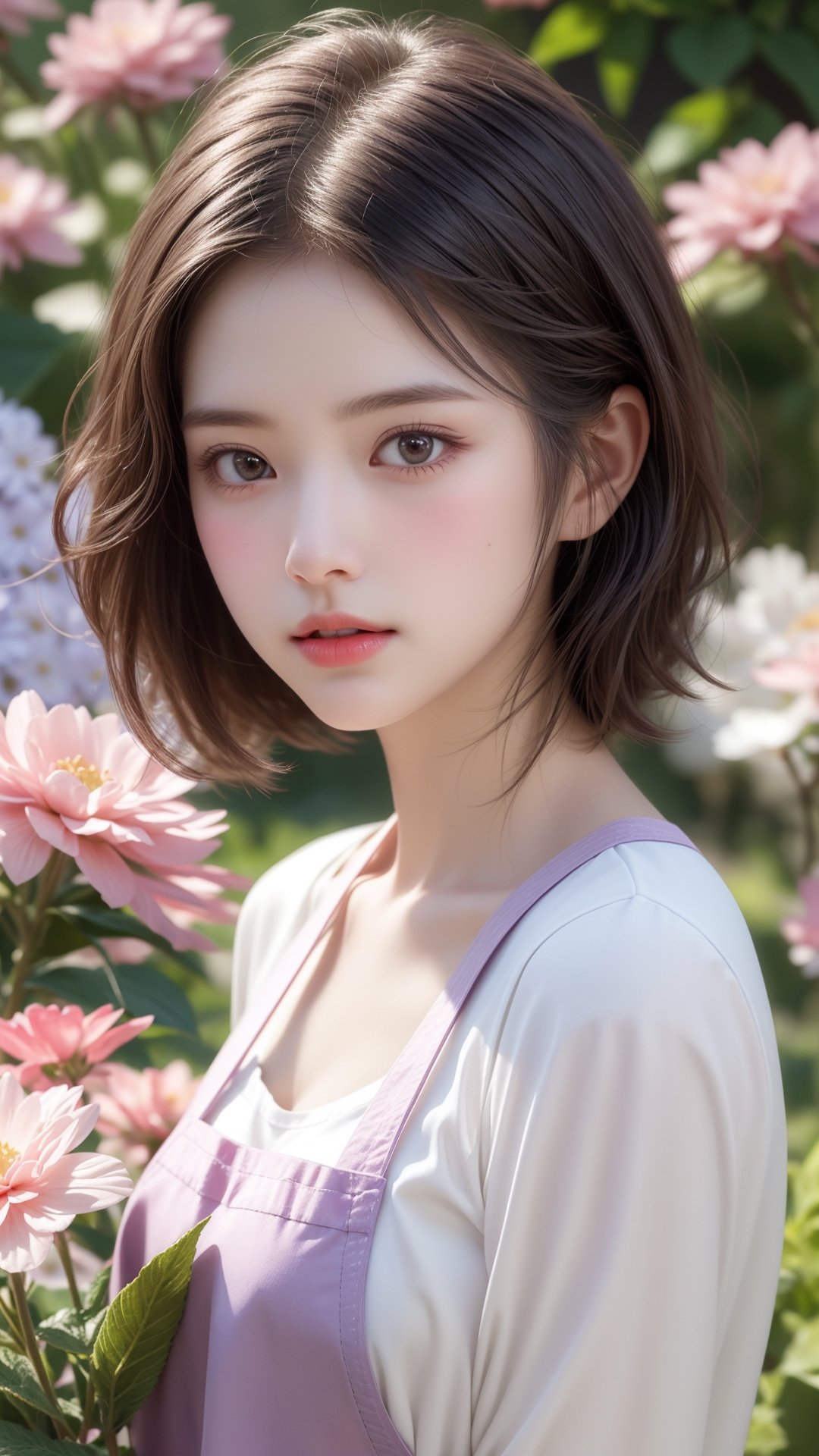 Garden, flowers bloom, A girl, beautiful and perfect face, the scene features soft lighting and bokeh effects, and the characters are rendered in a realistic style with high-quality details against a floral background, flowers bloom, with short hair stood outside, holding flowers, especially purple flowers. She wears a white shirt and pink apron. Natural atmosphere.