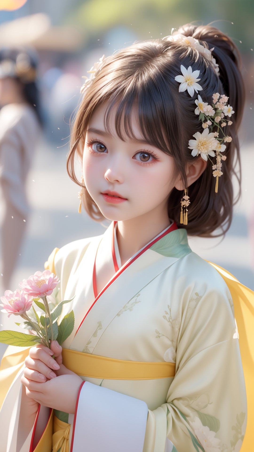 The flowers are blooming, and a five-year-old girl is wearing a light yellow  Hanfu. She is very cute and has a cute and beautiful round face. Pixar animated movie, flowers bloom bokeh background.