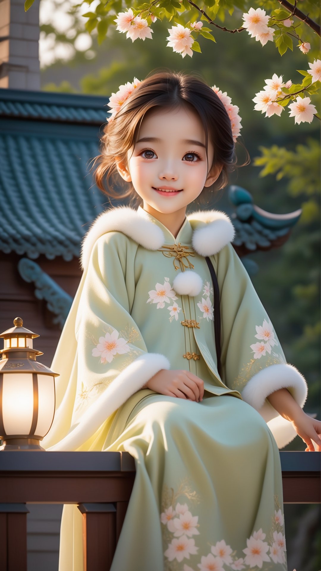 Pixar animated movie scene style, Chinese house style, in the morning light, maple tree bloom, sunray through the leaves, a beautiful and cute little girl with beautiful eyes, sitting on the railing, perfect face, smiling happily, 32k ultra high definition, Pixar movie scene style, realistic high quality Portrait photography, eternal beauty, the lantern behind her emits a soft light, beautiful and dreamy, the flowers are in bloom, and the light bokeh serves as the background.