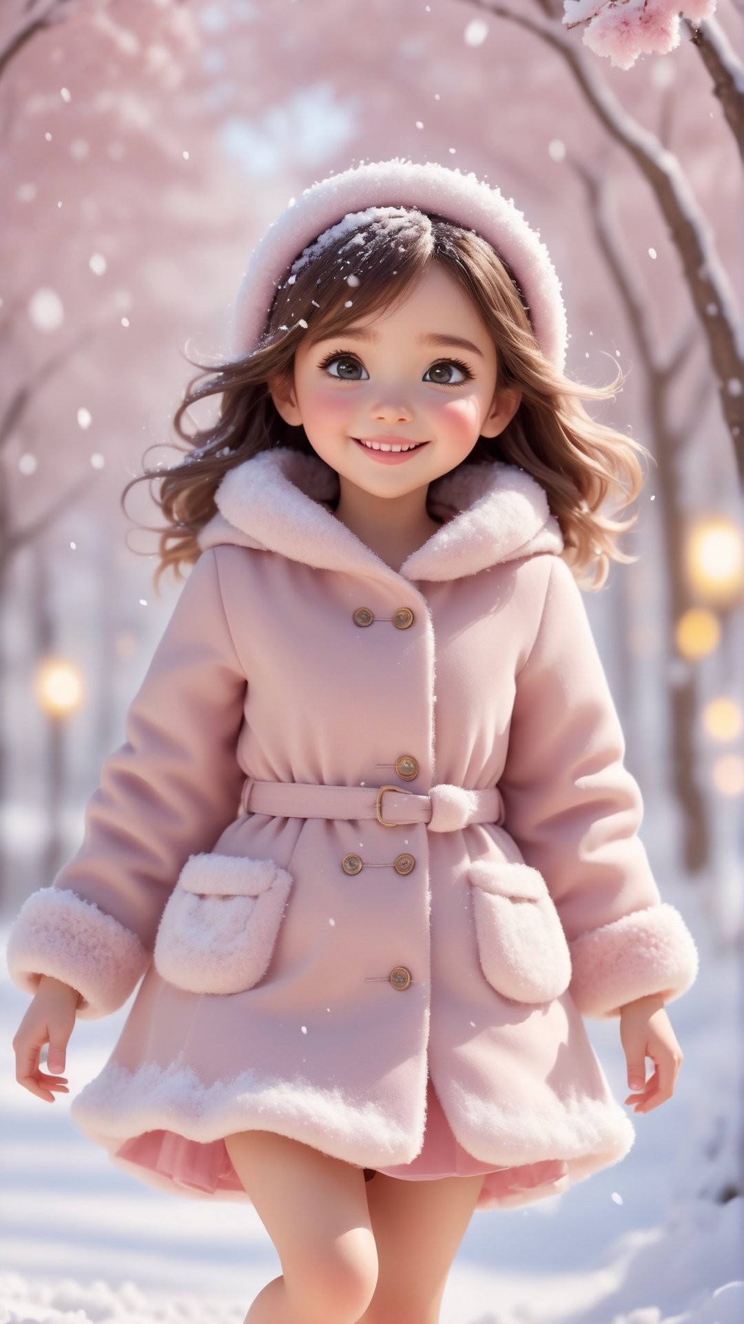 Pixar anime movie scene style, dreamy and fantastic, Snow falling, a digitally created picture of a little girls wearing pink fluffy dress and coat, in the style of soft, dream-like quality, oshare kei, dark beige, barbiecore, lovely, shiny eyes, laughing and happy, snowing, flowers blooming bokeh background