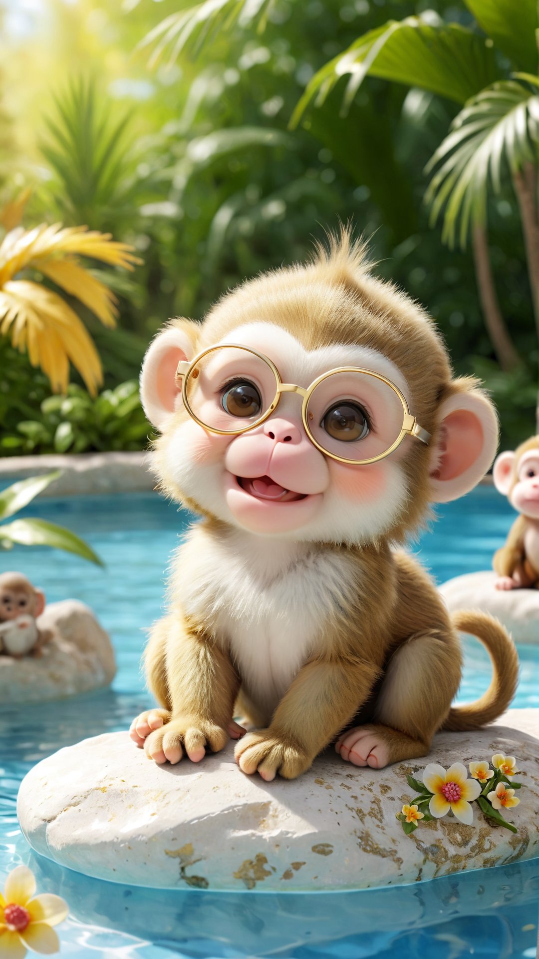 A cute, fluffy baby monkey with soft, white fur lounging playfully on a smooth rock by a poolside. The monkey is wearing adorable, round, gold-framed glasses with little floral embellishments on the sides, adding a touch of whimsy to its look. Its tiny hands rest under its chin as it puckers its lips, giving a playful, almost human-like expression. The background is slightly blurred, featuring a pool with people in the distance, which emphasizes the focus on the charming and adorable monkey. The overall scene is bright, cheerful, and full of light-hearted, playful energy, capturing a moment of pure joy and cuteness., cinematic, photo