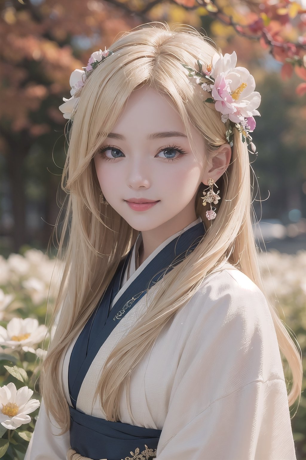 (Masterpiece, Top Quality, Best Quality, Official Art, Autumn, blonde girl, Beauty and Aesthetics),, Cute, Smile, adorable, Extremely Detailed, Abstract, Fractal Art, Long Hair, Destiny Series, Colorful, Most Detailed, flwoers blooming, soft lingt bokeh background, Jewelry, Hanfu,, landscape, ink, Portrait photograph.