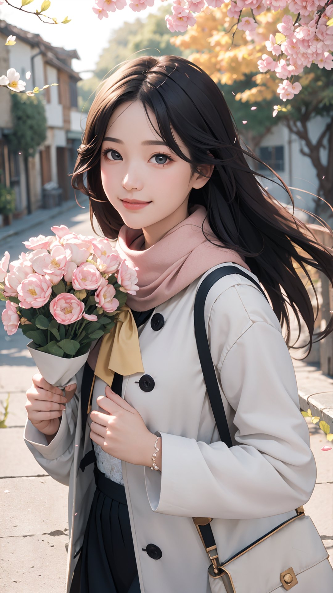 (best quality, masterpiece:1.2),ultra detailed,(photo realistic:1.4), Autumn style, solo, lovely and cute little girl, big eyes so chaiming, smile and happy, lace long sleeves and pink coat, and wearing yellow scarf, She walking on the beautiful village bank near the river, the flowers petals falling, lighting soft and romantic , flowers blooming, flowers petals falling, so romantic, beautiful village, flowers blooming fantastic amazing tale on the village bank, and blurry_light_background, perfect beautiful portrait photography realistic high quality , flowers blooming, fantastic and dreamy and beautiful images 