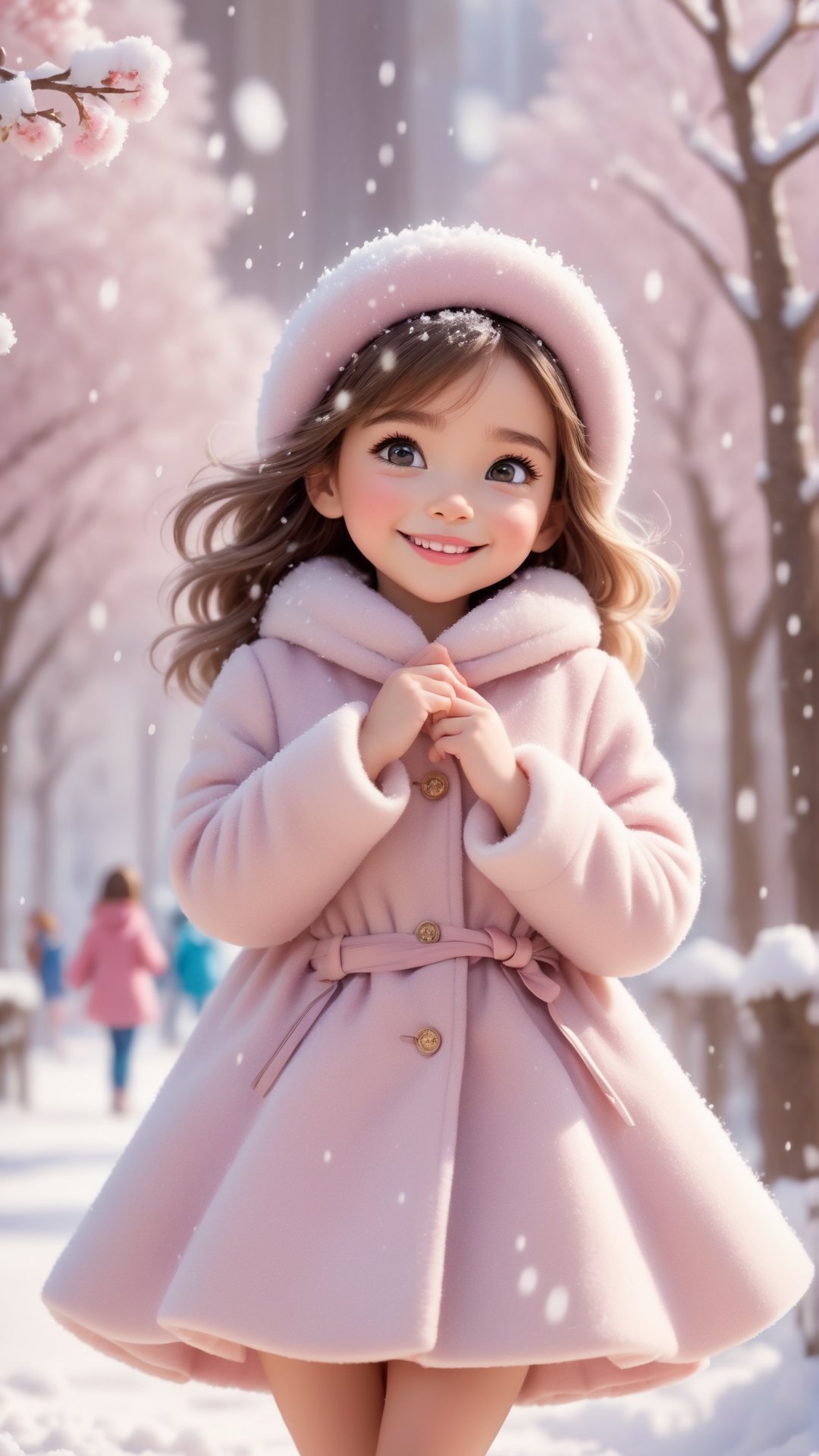 Pixar anime movie scene style, dreamy and fantastic, Snow falling, a digitally created picture of a little girls wearing pink fluffy dress and coat, in the style of soft, dream-like quality, oshare kei, dark beige, barbiecore, lovely, shiny eyes, laughing and happy, snowing, flowers blooming bokeh background