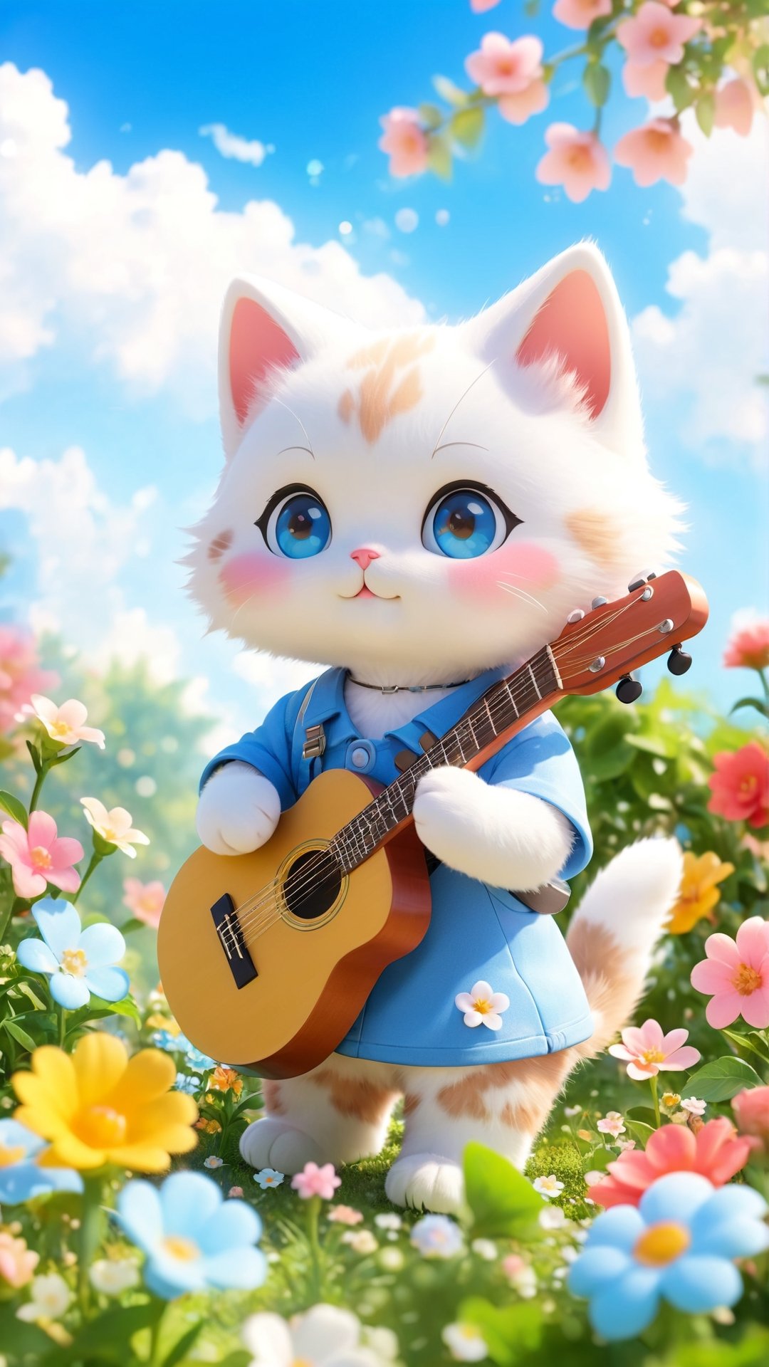 Chibi mascot includes the best quality, Beautiful soft light, (beautiful and delicate eyes), very detailed, Cute Kitten wears casual, playing the guitar in the flowers bloom garden, full body, real photo, cinematic,Xxmix_Catecat, lighting bokeh and flowers bokeh as background, blue sky and white clouds