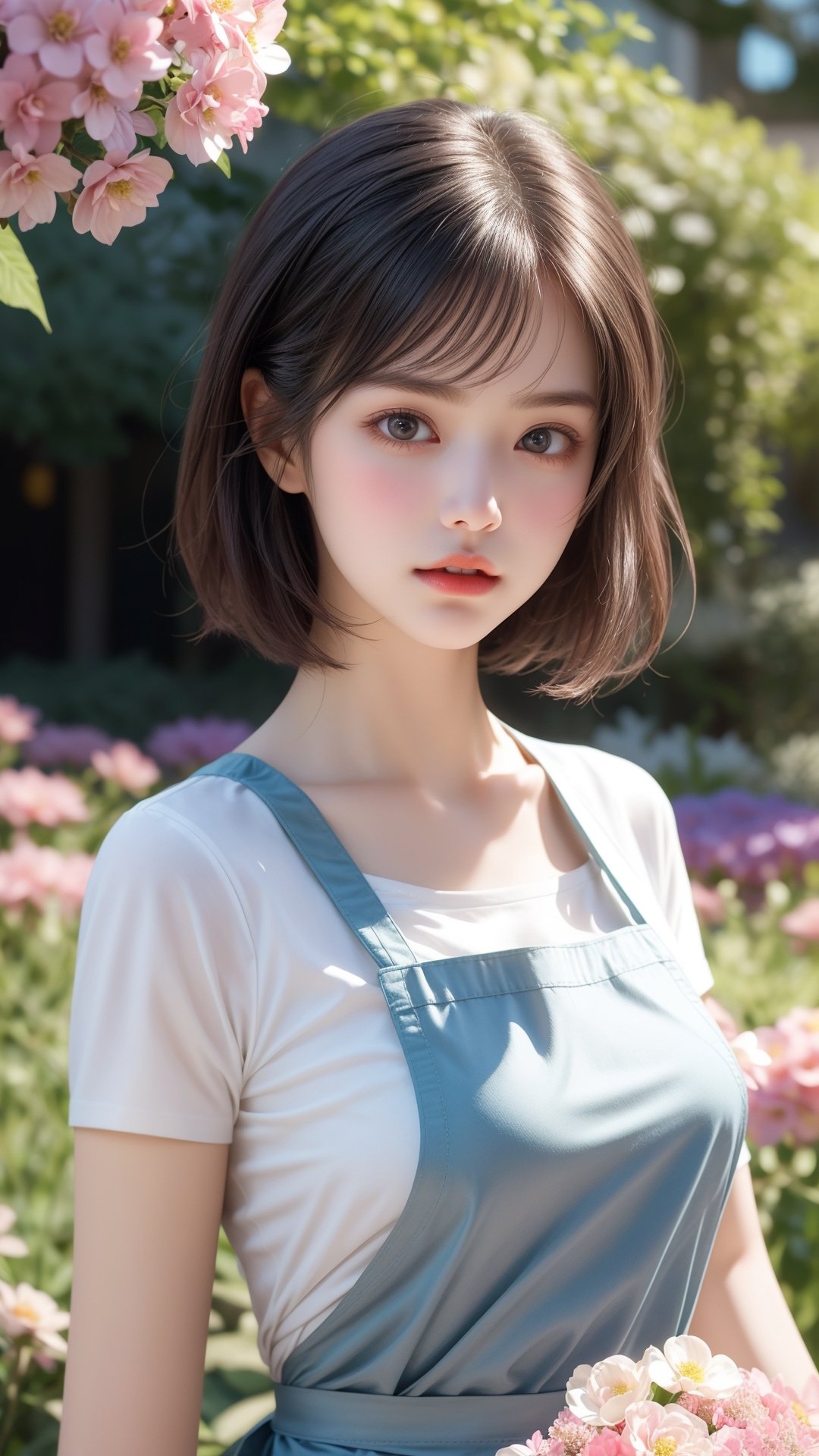 Garden, flowers bloom, A girl, beautiful and perfact face, The scene features soft lighting and bokeh effects, and the characters are rendered in a realistic style with high-quality details against a floral background, flowers bloom, with short hair stood outside, holding flowers, especially purple flowers. She wears a white shirt and pink apron. Natural atmosphere.