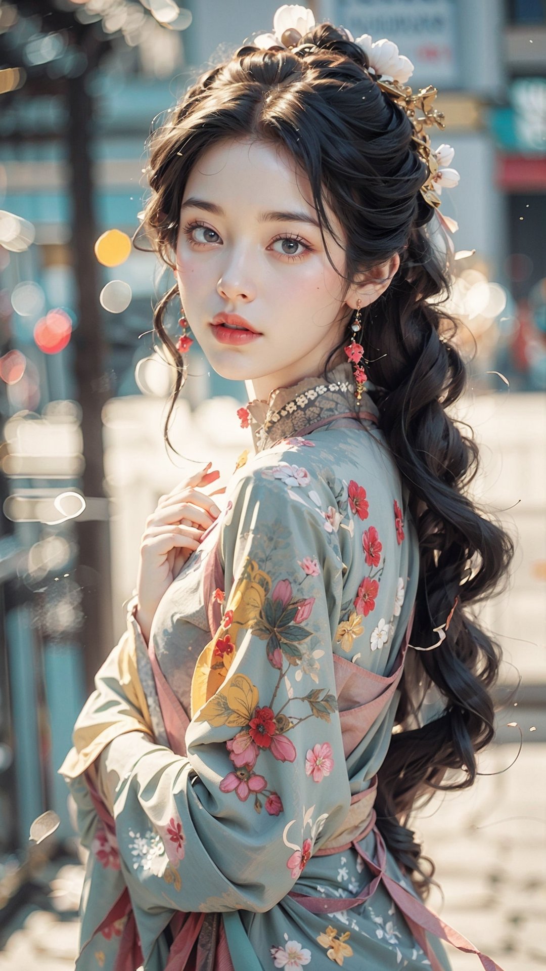 Front view , Autumn style, yellow flowers blooming, depth of field, lighting bokeh as background, pink and white long Boss dress, 1girl, snow-white delicate skin, long light brown curly hair, and a silver hairpin on her head. The eyes are a deep lavender color big and charming, wearing pink and white long Boss dress, and long scaf, Wrap around the neck and cover the chest, full of mysterious stories. With pale pink lips, charming and cute. FilmGirl, xxmix_girl, detailed eyes, perfact eyes, mouth small,  3d style, light bokeh backgroud,3d style,isni,Movie Still,3d,3d render,dream_girl