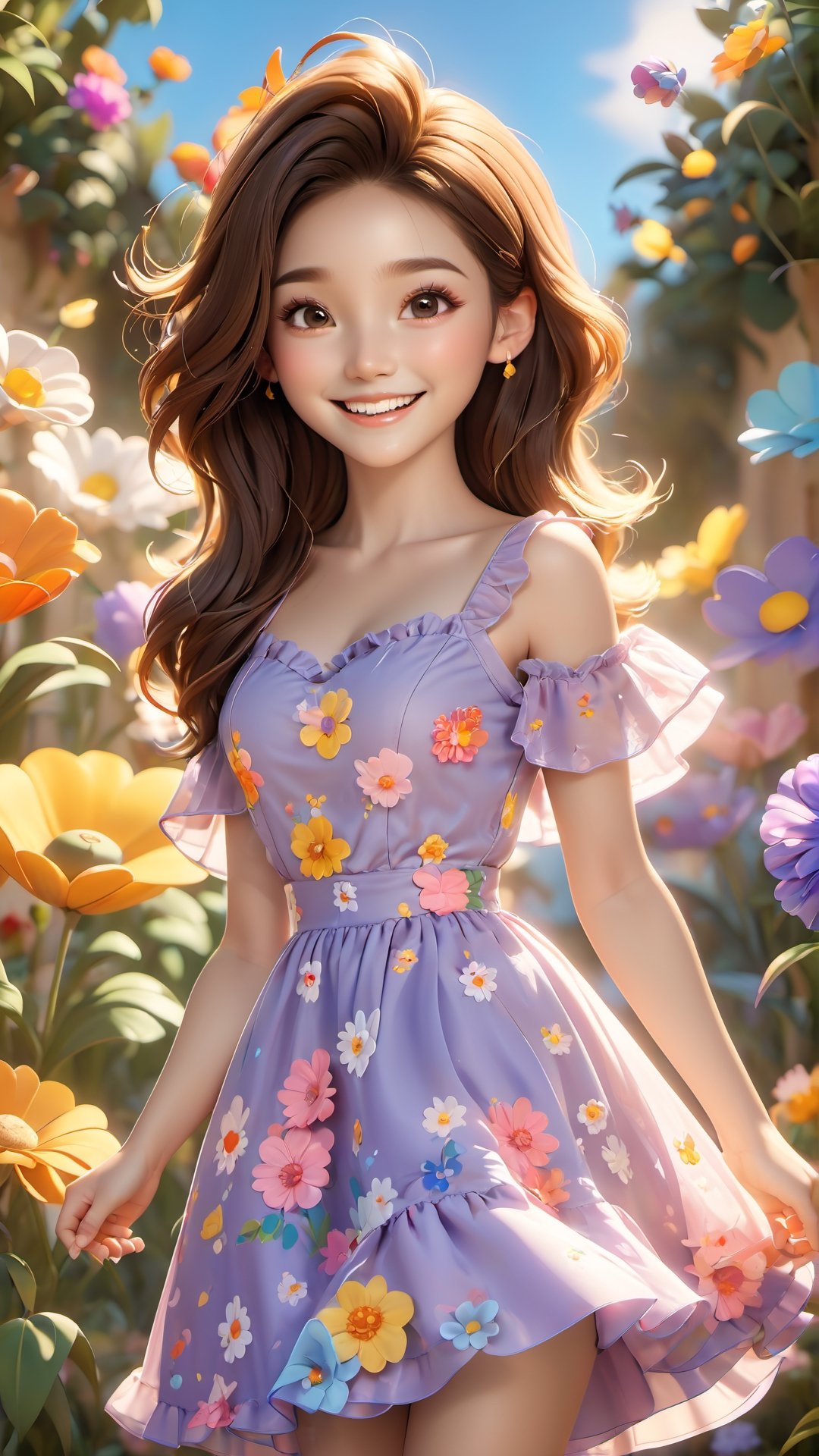 Super Cute Happy Girl 20 years old IP by pop mart, Singing in Flowers, SunLight Lighting, Full Body photography, ruffled dress,smile, happy, Art,Clay Materials, Pixar Trends, Garden Lighting, Super Detail, Stylish colors, stylish dressing, OC,Blender, best Quality