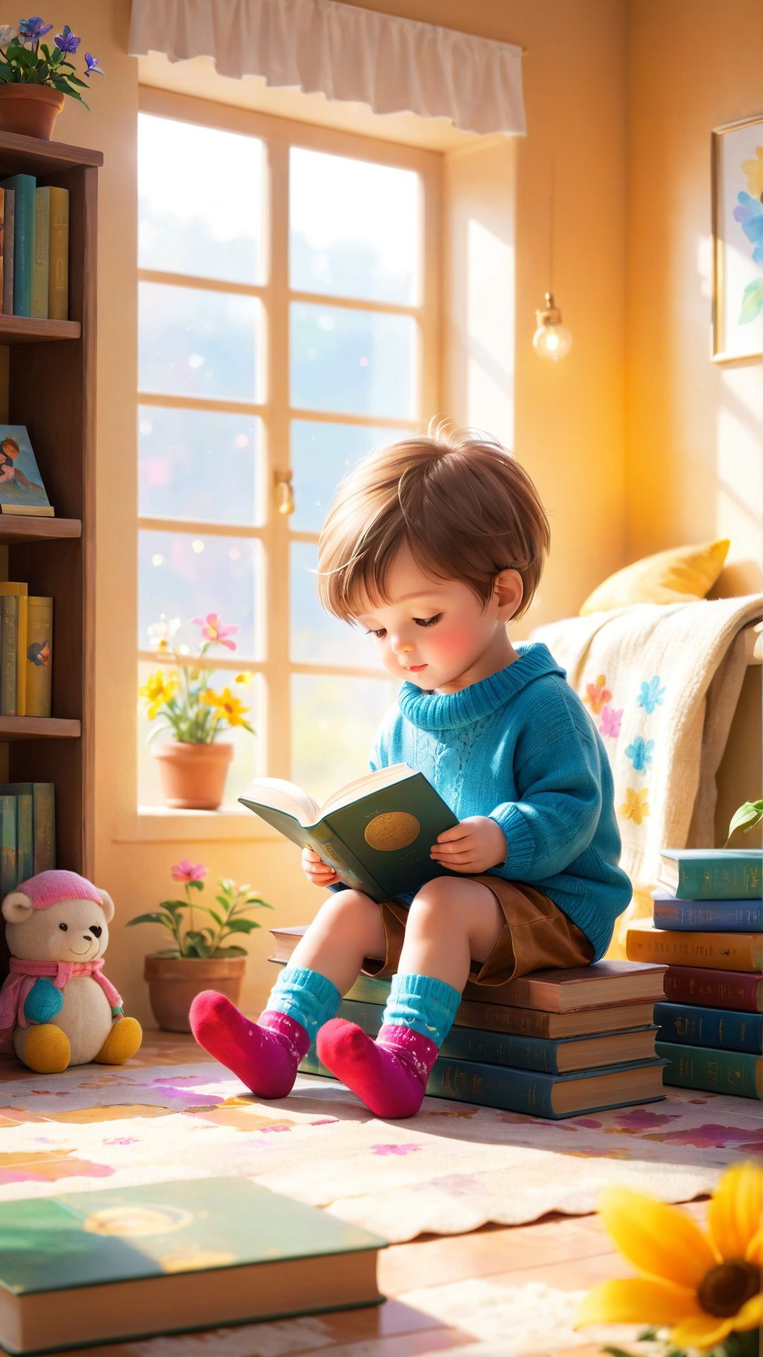Flowers bloom bokeh background, flowers blooming, painting on the wall, books room, A heartwarming image of a young child sitting on the floor, completely engrossed in a book. The child is wearing a cozy sweater with a pair of colorful socks dangling off their feet. The book they're reading is an old, leather-bound classic with a worn leather cover and frayed edges. The room is bathed in warm, golden sunlight, creating a serene and inviting atmosphere.