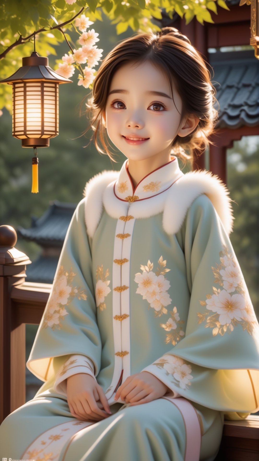 Pixar animated movie scene style, Chinese house style, in the morning light, maple tree bloom, sunray through the leaves, a beautiful and cute little girl with beautiful eyes, sitting on the railing, perfect face, smiling happily, 32k ultra high definition, Pixar movie scene style, realistic high quality Portrait photography, eternal beauty, the lantern behind her emits a soft light, beautiful and dreamy, the flowers are in bloom, and the light bokeh serves as the background.