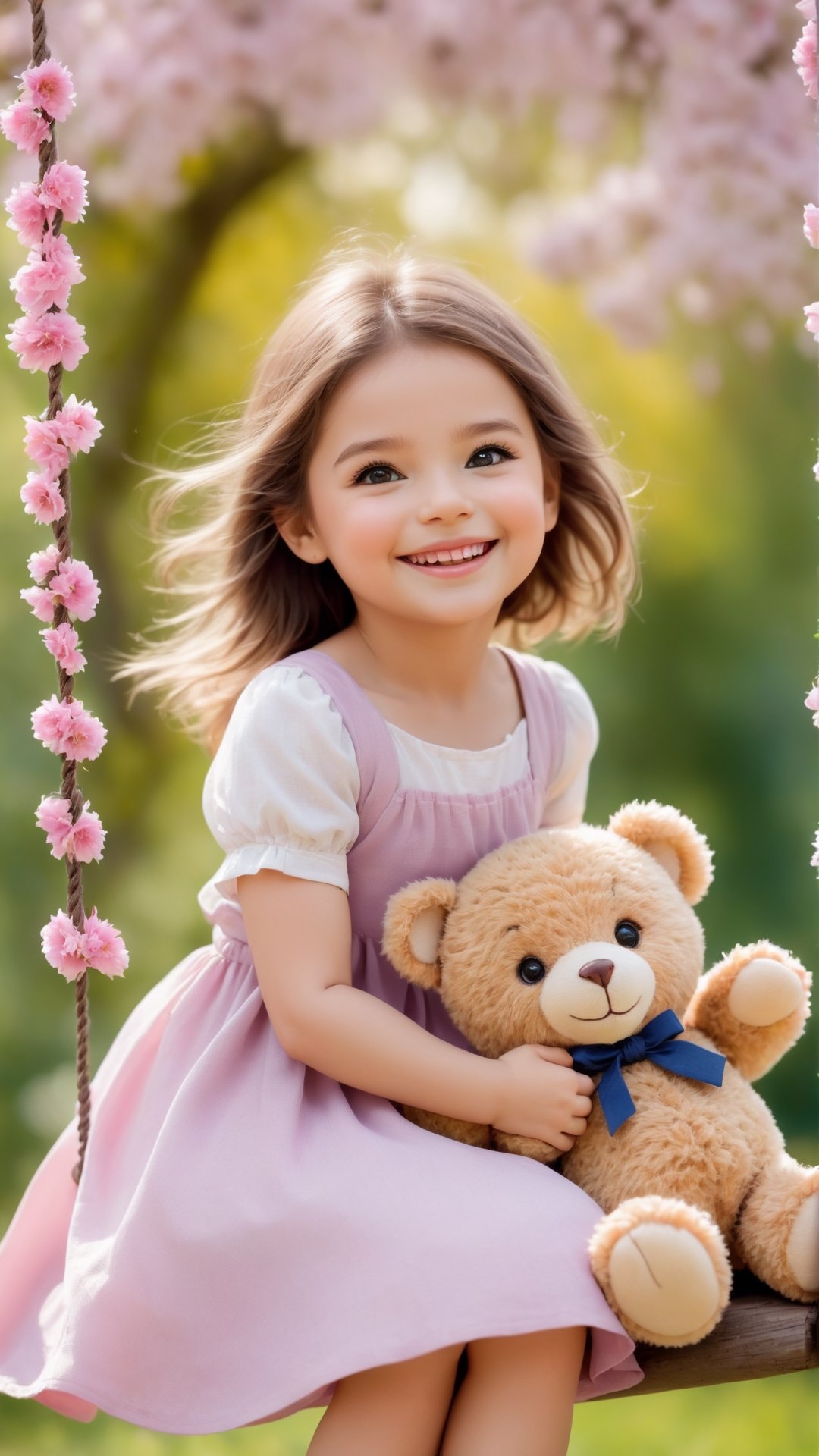 Flowers blooming, fantastic amazing photos, A cute little girl laughing at the flowers tree swing so happy, She hug a cute little teddy bear, petas falling beautiful scene like heaven, portrait photography, fantastic flowers bokeh background ,Movie Still