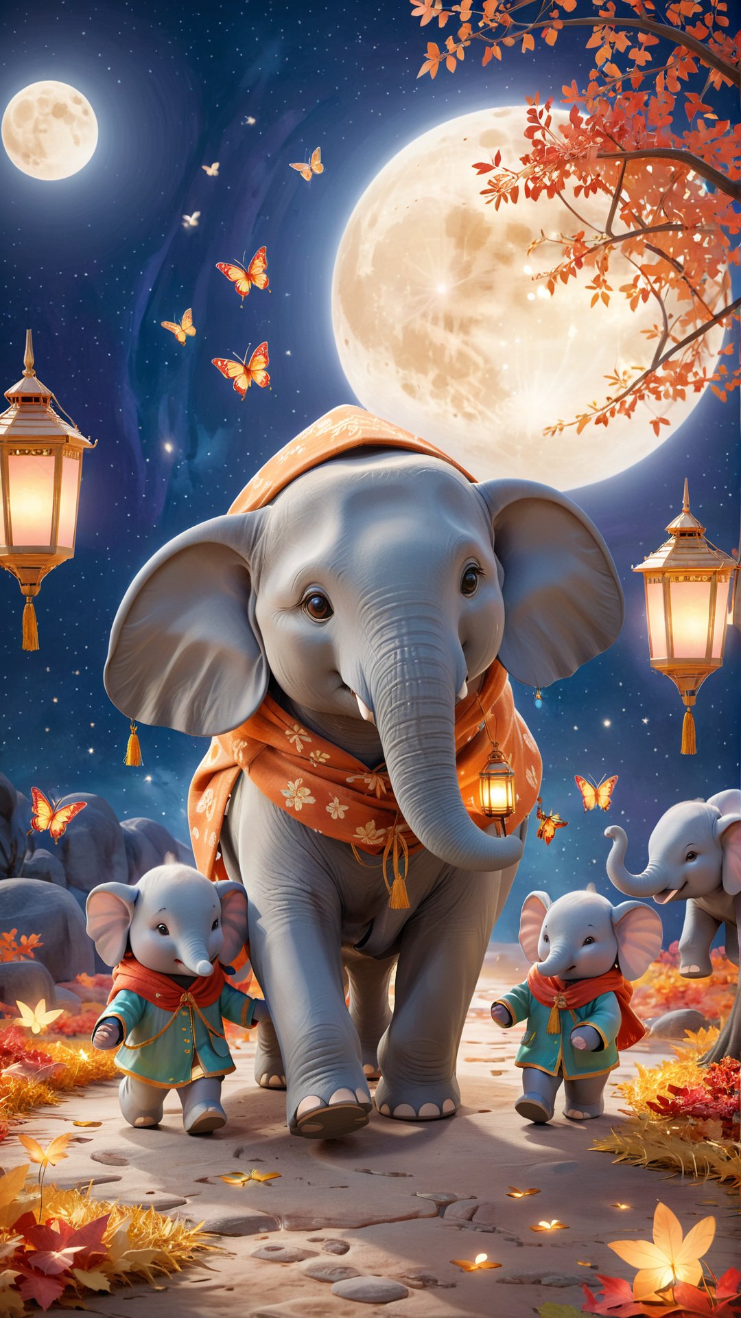 A mesmerizing 3D render and painting illustration of a majestic elephant gracefully walking under the glow of a full moon. The elephant's skin shimmers gently, and it tenderly carries two small children on its back. The kids are wrapped in warm, hooded cloaks and hold lanterns that bathe the scene in a soft, inviting light. Surrounding the elephant are vibrant autumn leaves that create a serene, magical atmosphere. Delicate butterflies flutter around, adding to the enchanting ambiance., painting, 3d render, illustration