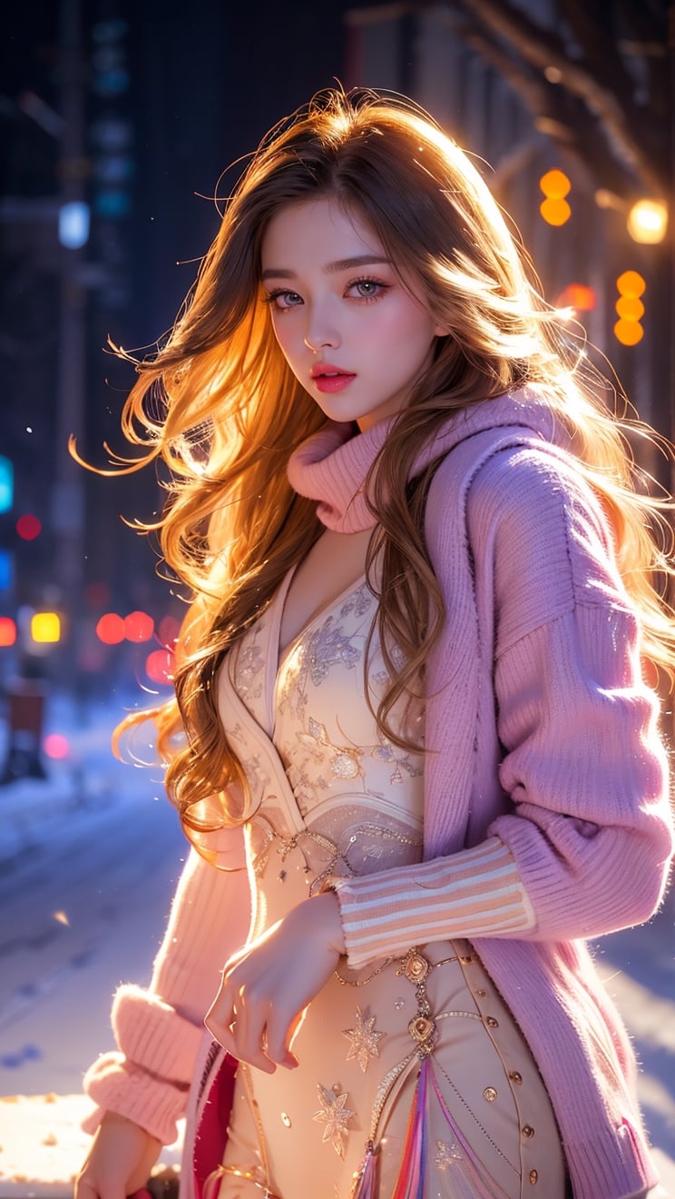 (RAW Photo, Best Quality), (Real, Photo Real: 1.3), winter night , snow falling, Best Quality, Masterpiece, Beauty and Aesthetics, 16K, (HDR: 1.4), High Contrast, (Vivid Colors: 1.4), (Soft color, dark colors, soothing tones: 0), cinematic lighting, ambient lighting, side lighting, fine details and textures, cinematic shooting, warm tones, (bright and intense: 1.2), wide angle lens, xm887, surreal illustration, siye Natural proportions, full long side view, very long blond curly hair, purple bracelet, long pink sweater with ruffles, long sweater, furry jacket with long scarf, jeans, playing Gibson bass guitar, beautiful Dutch girl , honey-colored eyes, seductive gaze, beautiful and charming eyes, simple gradient, skin texture details, juicy lips, long eyelashes, girlish figure, thin waist, a beautiful 18-year-old girl walks On the winter street, snow, night view, west, light bokeh as background