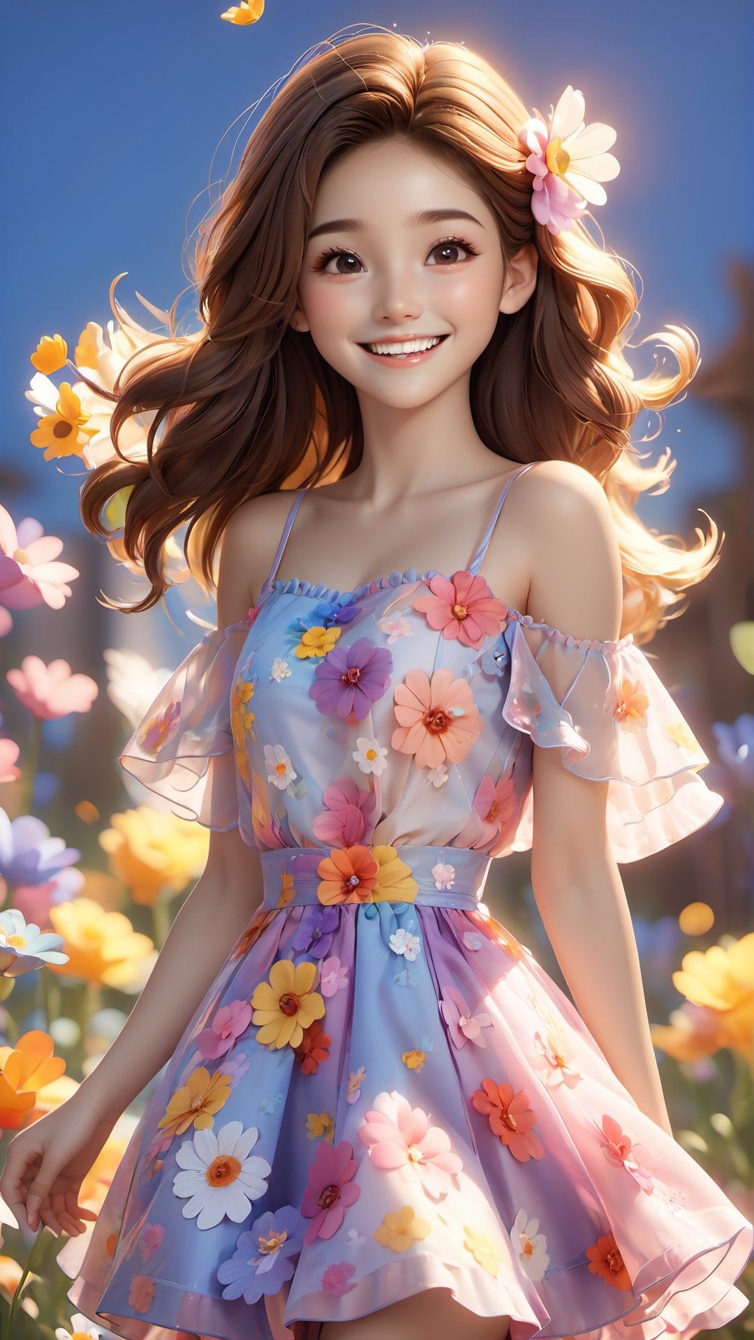 Super Cute Happy Girl 20 years old IP by pop mart, Singing in Flowers, SunLight Lighting, Full Body photography, ruffled dress,smile, happy, Art,Clay Materials, Pixar Trends, Garden Lighting, Super Detail, Stylish colors, stylish dressing, OC,Blender, best Quality