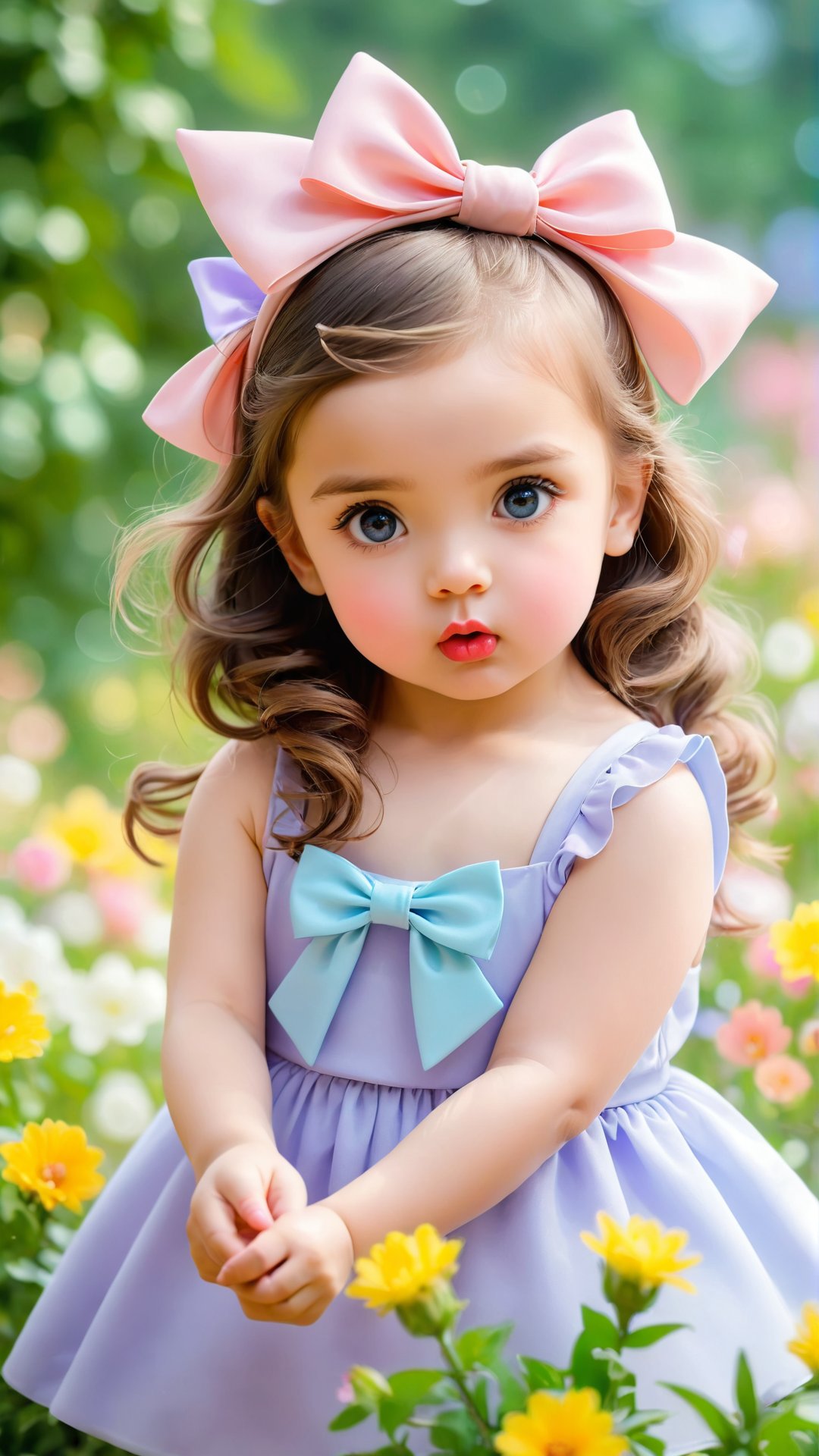 A beautiful adorable girl, With a bow tied on her head, beautiful eyes, and a cute little pout, she is playful and charming. She points her finger at the pout. lovely portrait photography, flowers bloom bokeh background, depth of field.