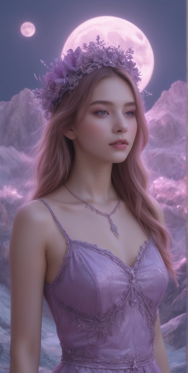 A beautiful girl with long hair in an ancient Greek dress stands on the background of mountains and purple neon lights, blue moonlight, light painting, fantasy art style, colorful costumes, mysterious portrait, fantasy realism, dreamy atmosphere, detailed facial features, fluorescent colors, soft focus, bokeh, pink moon at night sky. In front there is a headdress made from silver beads, a large sapphire necklace around her neck, and small gemstones woven into it. The woman's eyes were closed