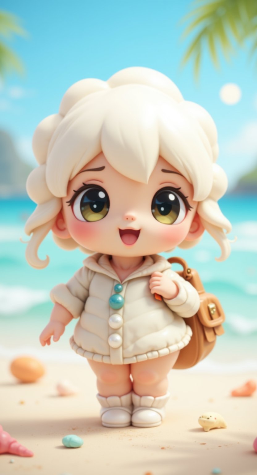 a oyster ,cartoon doll cute and exaggerated , Disney cartoon ocean style ,carry a shell behind like a little schoolbag ,body is very big the shell is small,IP character design into seaside culture and creative product, add pearl element and expressions ,shell like a little schoolbag, shy blush 