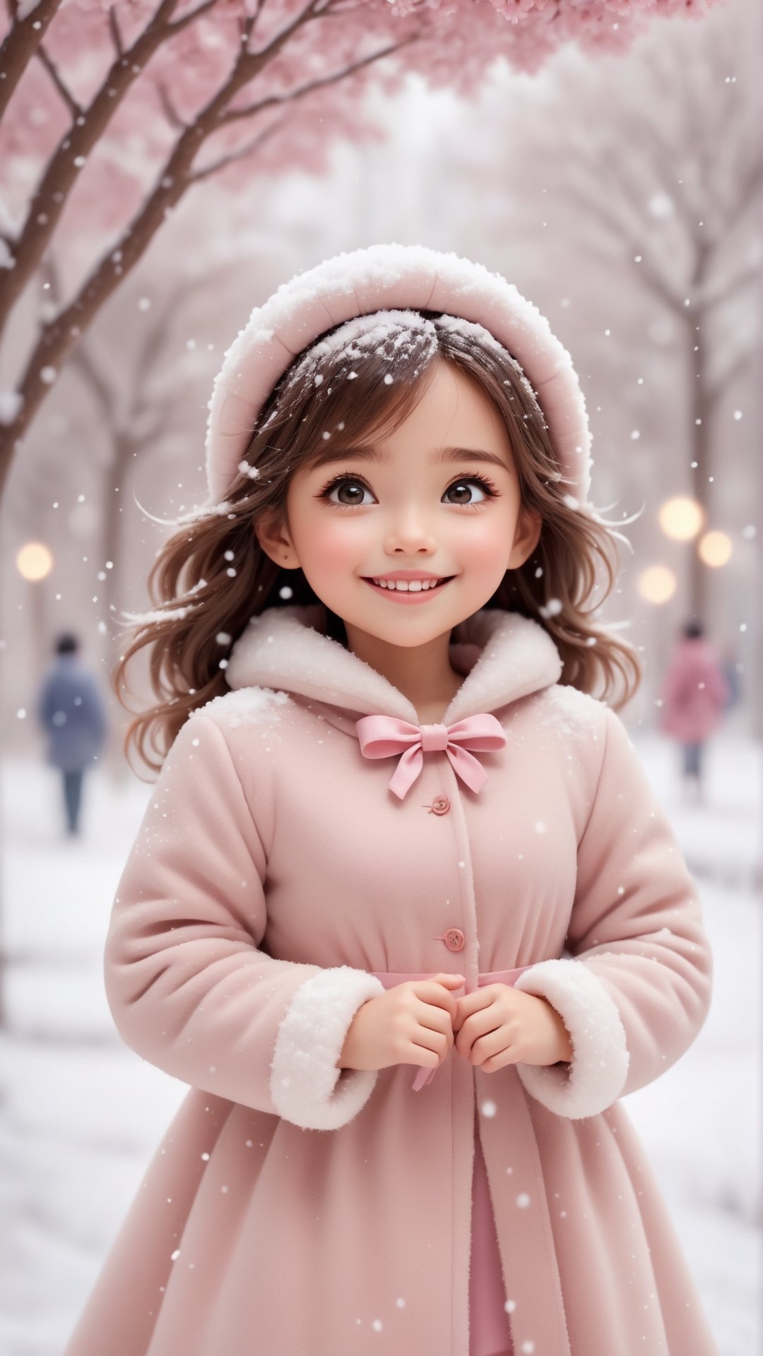 Pixar anime movie scene style, dreamy and fantastic, Snow falling, a digitally created picture of a little girls wearing pink fluffy dress and coat, in the style of soft, dream-like quality, oshare kei, dark beige, barbiecore, lovely, shiny eyes, laughing and happy, snowing, flowers blooming bokeh background