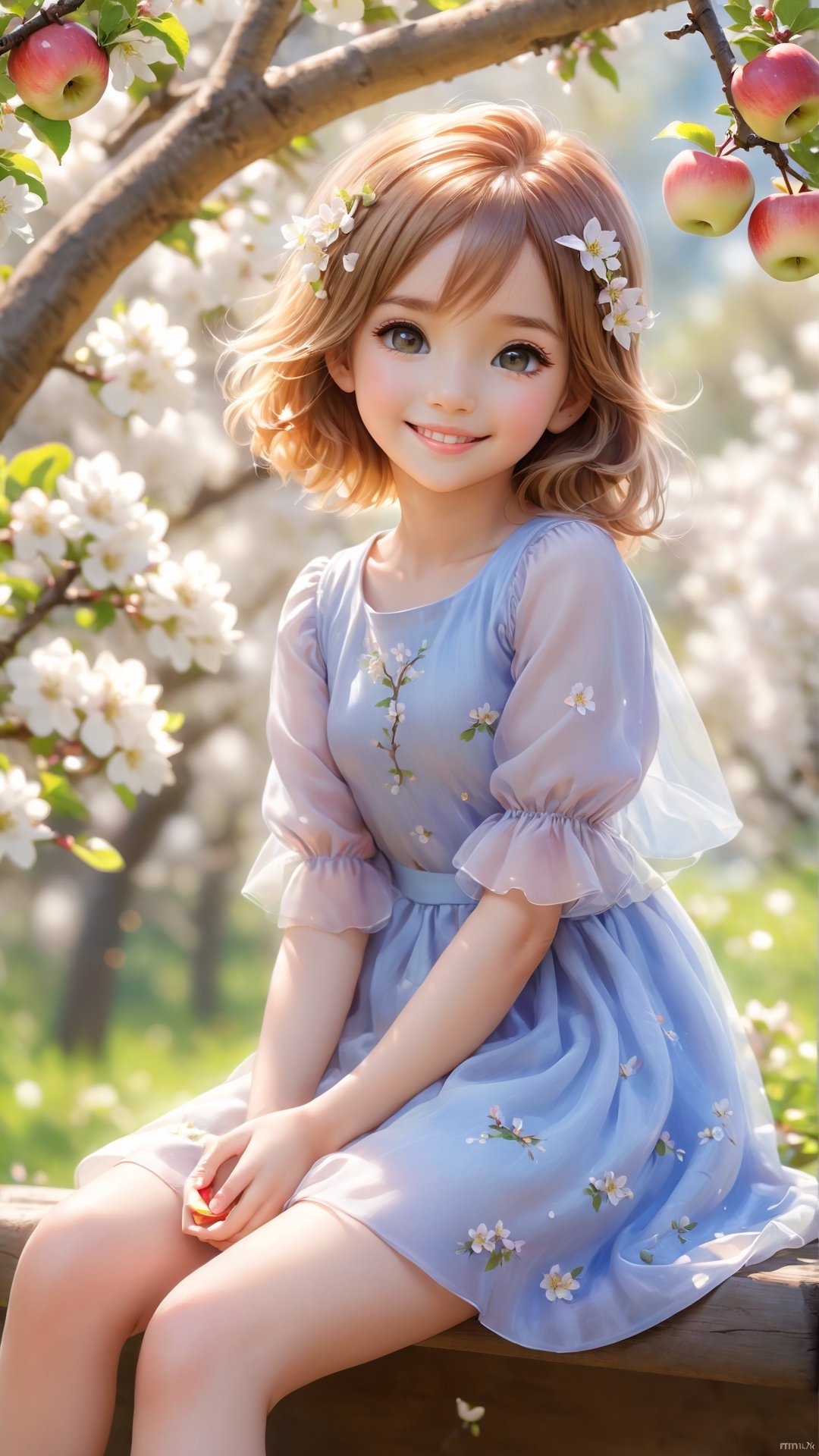 Side view shot, full body, Morning style, sunshine, apple tree, apples full bloom, a cute little girl clear details and charming eyes sitting on the brunch looking forward apples, smiling happily and enjoy the best moment, depth of field, flowers blooming fantastic romantic bokeh background ,portraitart,xxmix_girl,Anime 