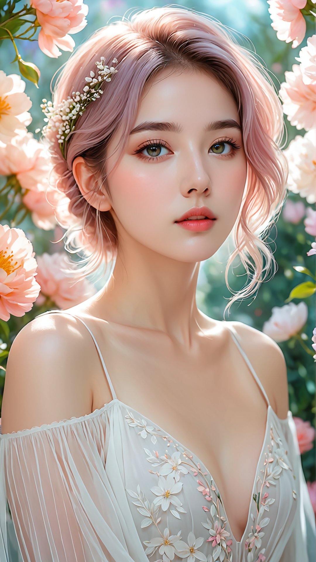 Masterpiece, HD, 8K, A captivating and minimalist illustration of a 20-year-old woman. The upper body, the face is drawn at a 45-degree angle in the center, and delicate touches of pastel accentuate her (high-topped hair color), large eyes, plump cheeks and lips, beautiful white skin and small face with elegant touches. Similar to the touch of Fakhtali Abderrahim, fragile and delicate, the background is a space surrounded by many luminous flowers, and the colorful, magical and mysterious presence is reflected in the expression.