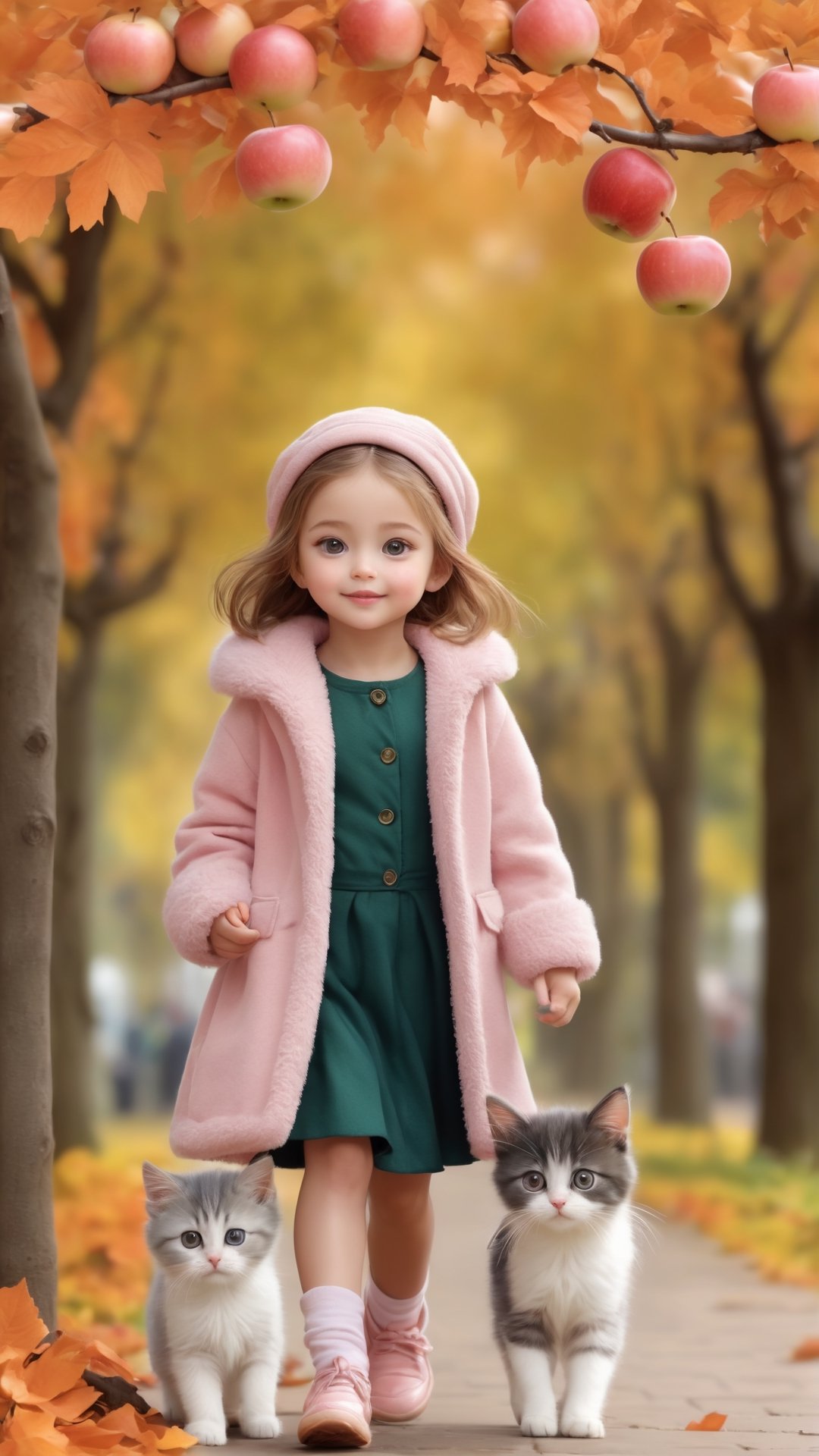 Side view shot, Turn around and look ahead, A beautiful big eyes and adorable little girl with two cute little fluffy fat kittens wearing pink coat walking on the apples tree branch from the treeand street, smiled happily, Autumn style, realistic high quality orange tree, apples full the branch, maple leaves falling, big eyes so cute and beautiful, under the tree have a table, and apples and beautiful flowers, maple leaves falling, orange near flowers, Turn around and look viewers , pink flowers blooming fantastic amazing and romantic lighting bokeh, pink flowers blooming realistic and green plants amazing tale and lighting as background, Xxmix_Catecat