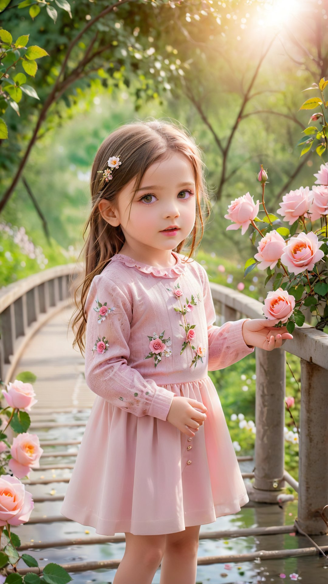 generate 3d image of rose falling from the hands of four year old girl standing in a wired bridge, perfect face and beautiful eyes and the best quality portrait photography, flowers bloom bokeh background, beautiful and fantastic and dreamy, dreamy romantic scene style, depth of field.