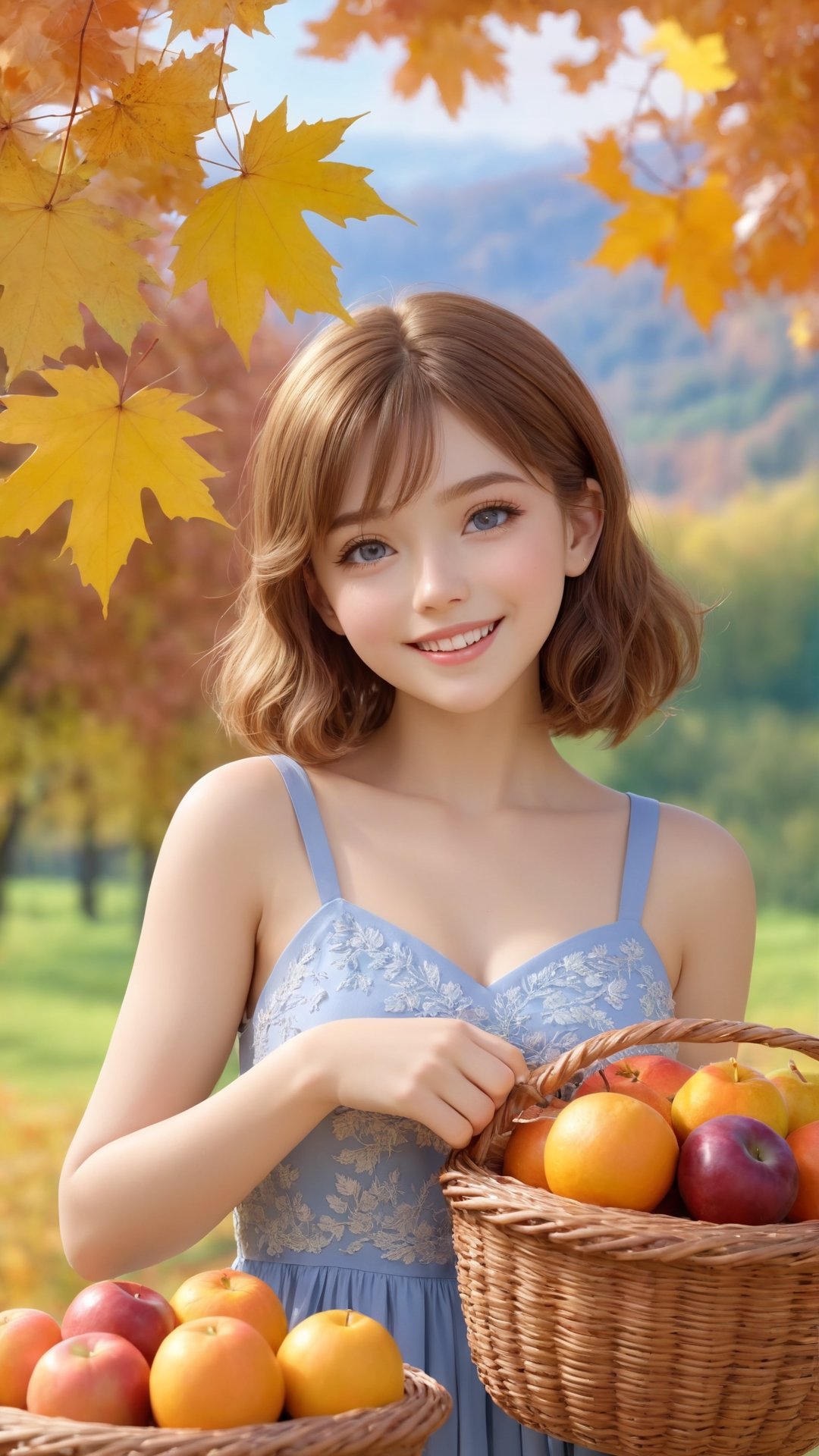 1girl, hugging basket,  fruit in basket,  happy, detailed beautiful eyes, autumn, light brown hair, bob hair, maple leaf hair ornament,  blue sky,  brown eyes,  dress, happiness and enjoy the best moment to smiling, high quality portrait photography, flowers bloom beautiful bokeh background.
,3DMM