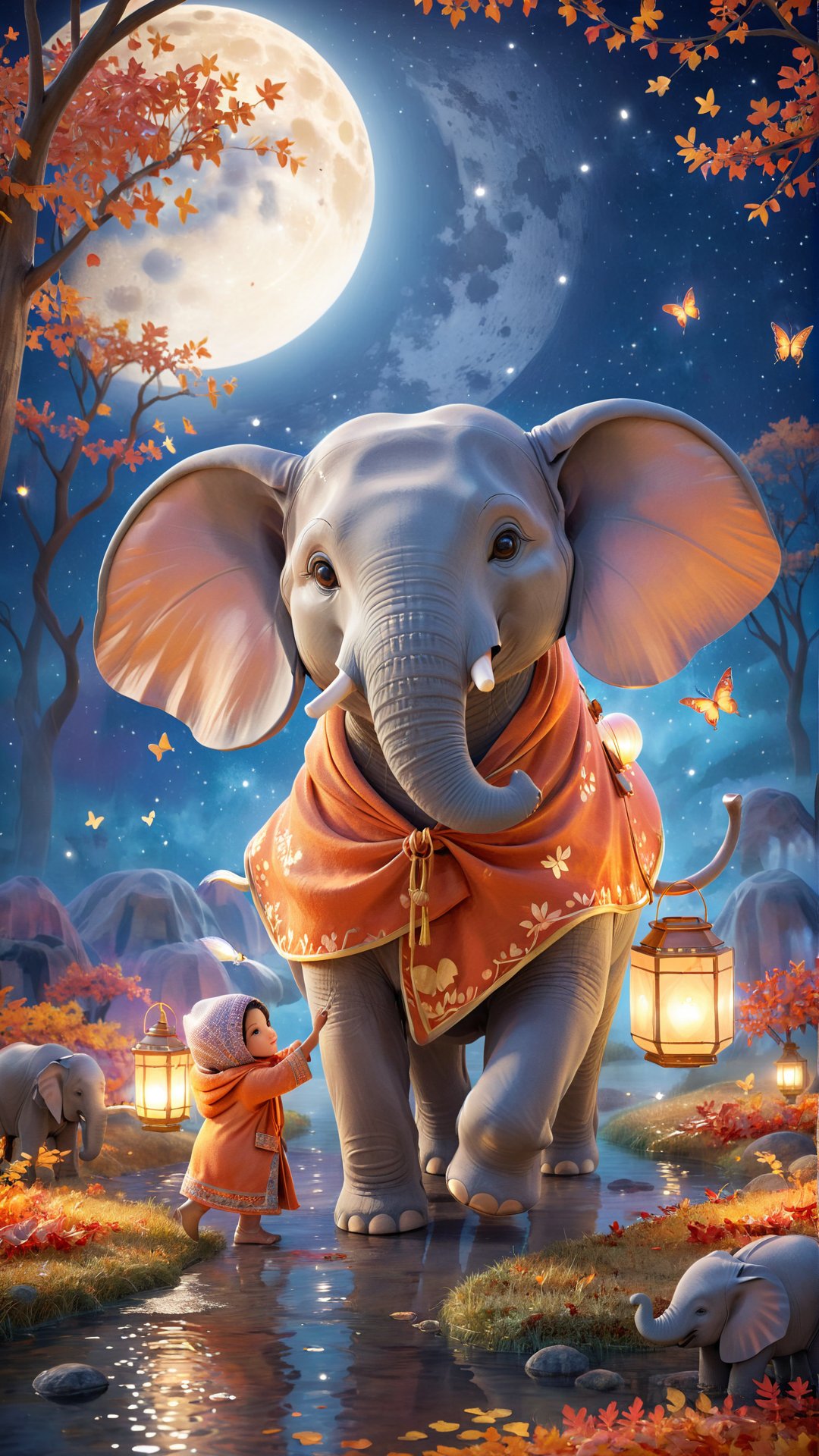 A mesmerizing 3D render and painting illustration of a majestic elephant gracefully walking under the glow of a full moon. The elephant's skin shimmers gently, and it tenderly carries two small children on its back. The kids are wrapped in warm, hooded cloaks and hold lanterns that bathe the scene in a soft, inviting light. Surrounding the elephant are vibrant autumn leaves that create a serene, magical atmosphere. Delicate butterflies flutter around, adding to the enchanting ambiance., painting, 3d render, illustration