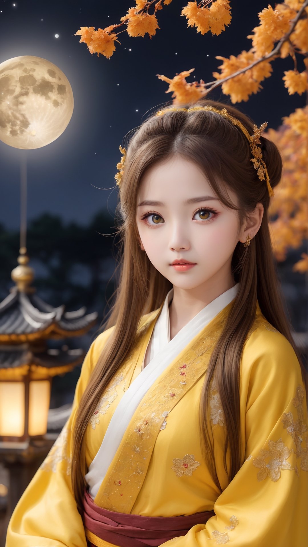 best quality, masterpiece, ultra detailed, 3dmm, ink sketch, color ink, ink rendering, 
1girl, beautiful detailed eyes, (alternate hairstyle), ultra detailed hair, graceful, (charming), (delicate), pretty, cute, joy, young girl, professional clothing, vivid, cover, Autumn style, realistic high quality portrait photography, full body, Moon night, maple,A cute and beautiful six-year-old girl, wearing a beautiful yellow Hanfu, lying on the roof of the palace, looking at the moon in the sky, her eyes are big, charming and beautiful, flowers blooming fantastic amazing tale and lamps lighting bokeh as background.
character in the center of the frame, fantasy, looking at viewer, 