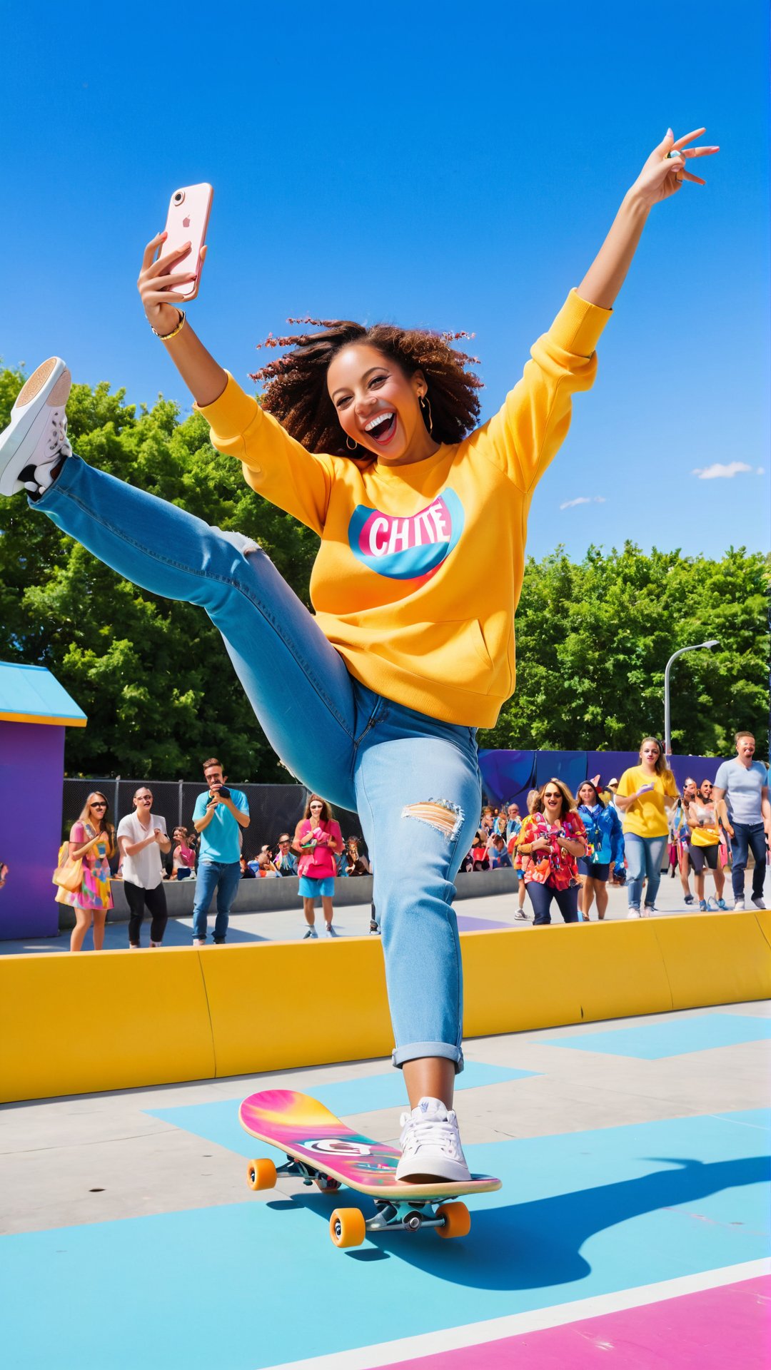 A candid photo of an exuberant woman mid-air, expertly executing a skateboard jump while grinning with joy. She holds her phone with one hand to capture the perfect selfie, showcasing her vibrant, colorful outfit that complements the urban setting. The background reveals a busy skate park filled with onlookers, cheering and capturing the moment with their phones., photo