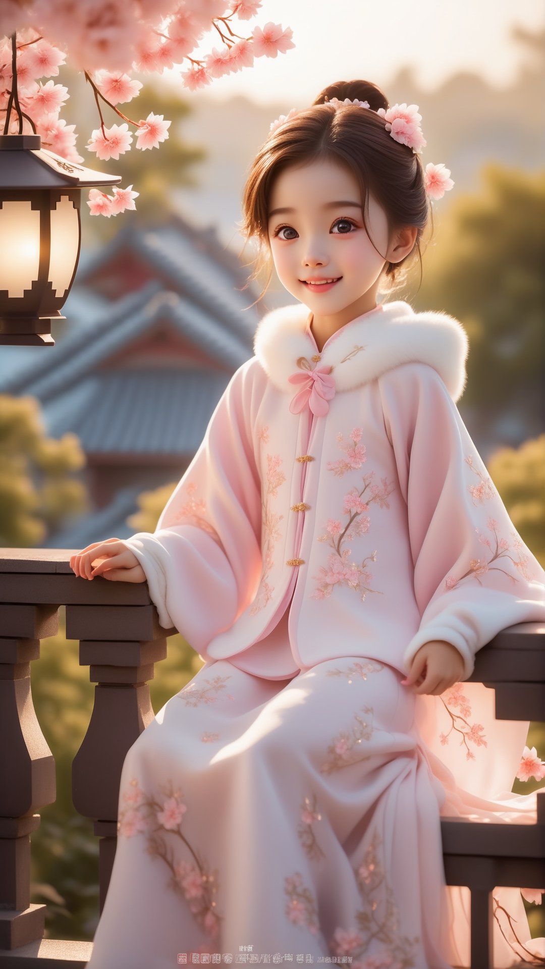 Pixar animated movie scene style, Chinese house style, in the morning light, pink flowers bloom and maple tree bloom, sunray through the leaves, a beautiful and cute little girl with beautiful eyes, sitting on the railing, perfect face, smiling happily, 32k ultra high definition, Pixar movie scene style, realistic high quality Portrait photography, eternal beauty, the lantern behind her emits a soft light, beautiful and dreamy, the flowers are in bloom, and the light bokeh serves as the background.