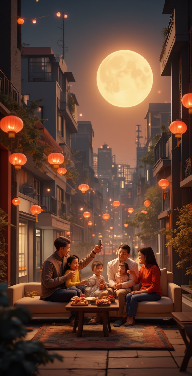 A minimalist-style small courtyard. In the summer night view, a family sits warmly on a modern minimalist sofa eating mooncakes. The background is modern high-rise buildings and bustling city streets. On one side is a large modern minimalist house. The background is a sky that gradually changes from red to gold, with a huge golden full moon hanging high in the sky. There is a plate of fruit and a box of mooncakes on the table. Dad holds up his phone to take pictures, and Mom, son, and daughter smile at him. They have various expressions on their faces, such as happiness and joy. 