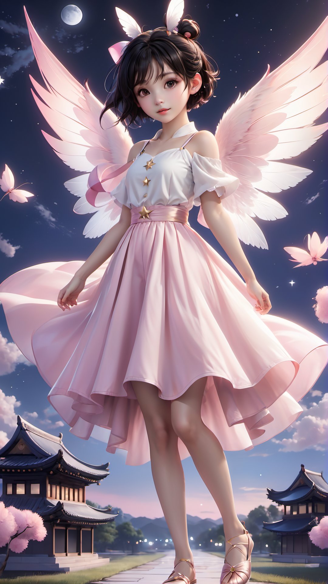 1girl, solo, looking at viewer, short hair, black hair, twintails, brown eyes, full body, parted lips, Pink and white, wings, sky, barefoot, star \(symbol\), blurry, black eyes, double bun, night, moon, outstretched arms, child, night sky, full moon, hair rings, flying, fairy wings, fairy, architecture, east asian architecture