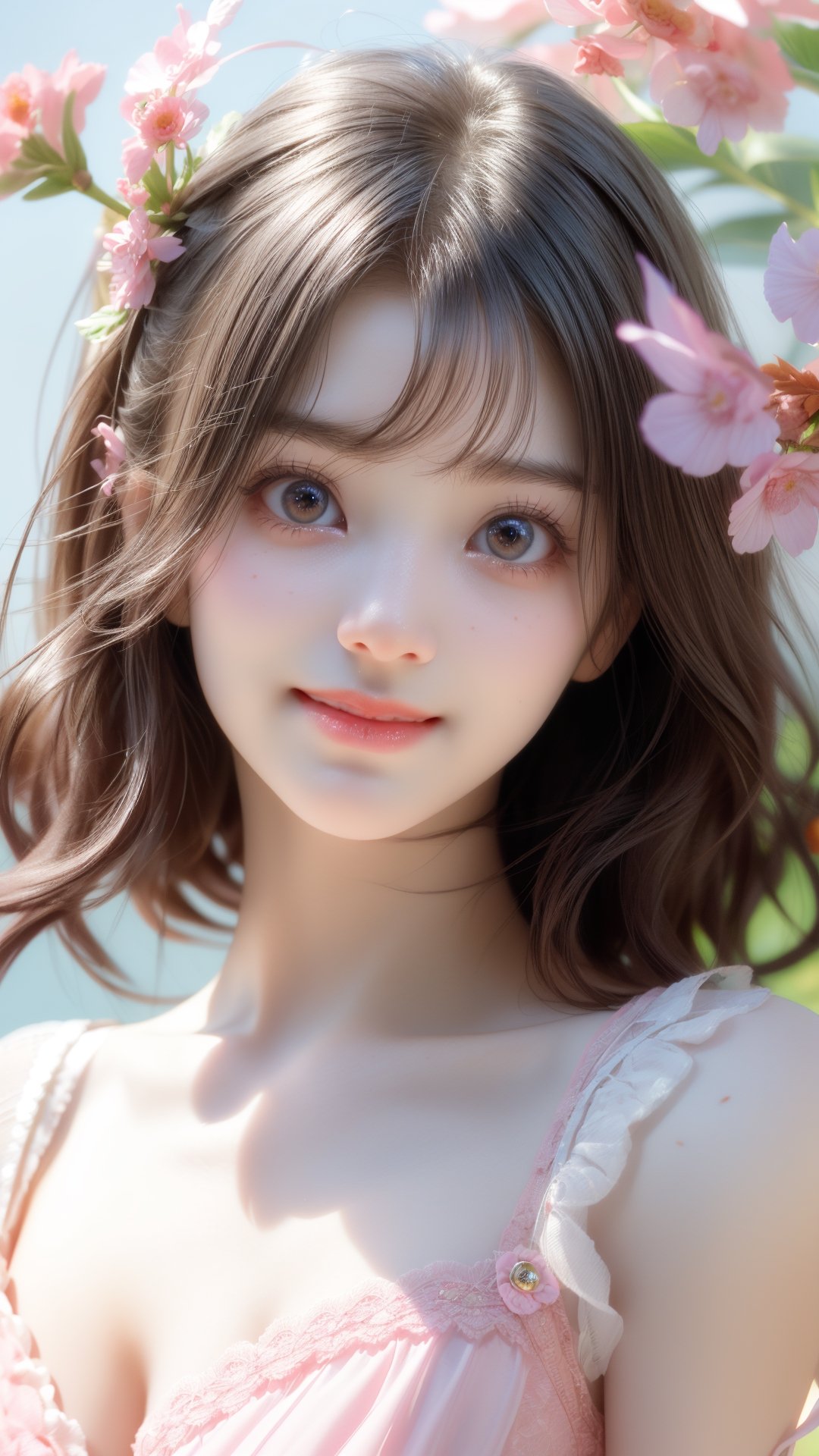 Pixar anime movie scene style, dreamy and fantastic, a digitally created picture of a little girls in pink dress, in the style of soft, dream-like quality, oshare kei, dark beige, barbiecore, lovely, shiny eyes, smile and happy, flowers blooming bokeh background, depth of field