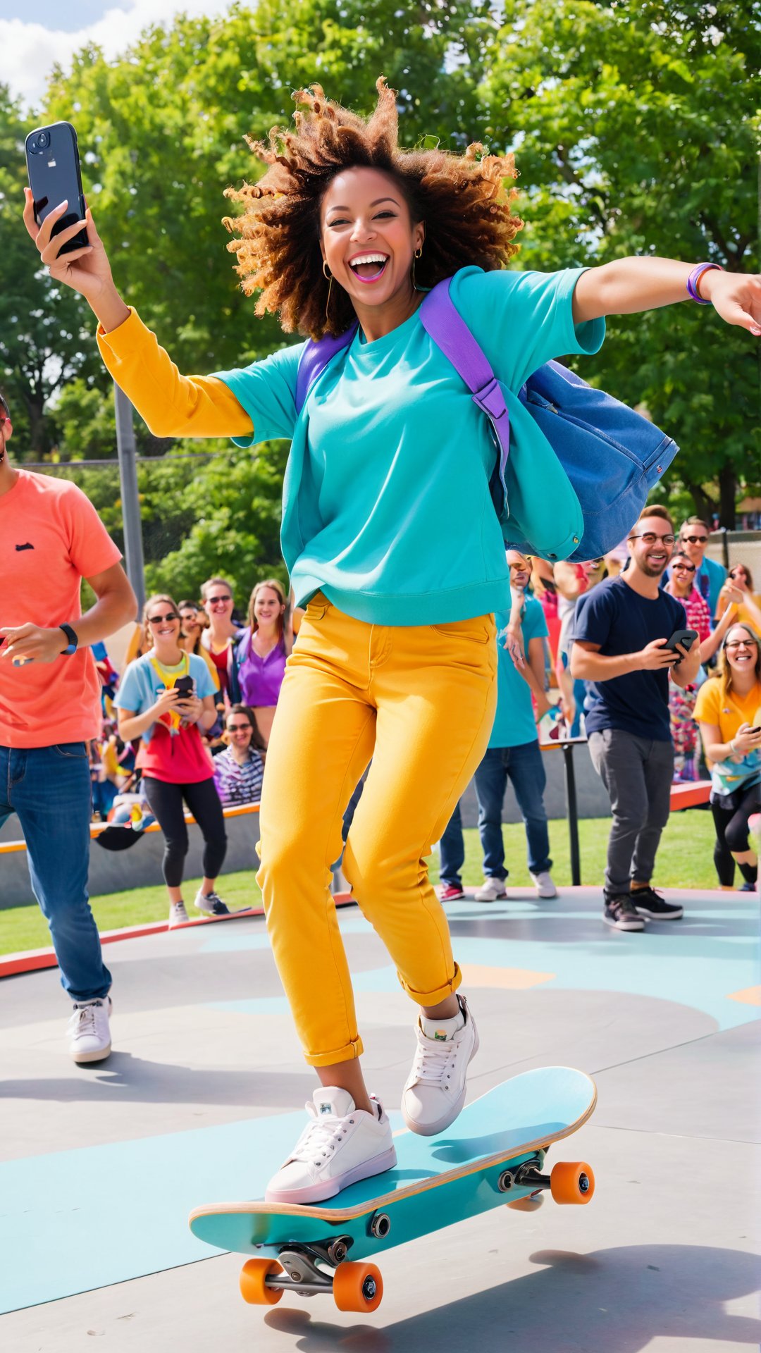 A candid photo of an exuberant woman mid-air, expertly executing a skateboard jump while grinning with joy. She holds her phone with one hand to capture the perfect selfie, showcasing her vibrant, colorful outfit that complements the urban setting. The background reveals a busy skate park filled with onlookers, cheering and capturing the moment with their phones., photo