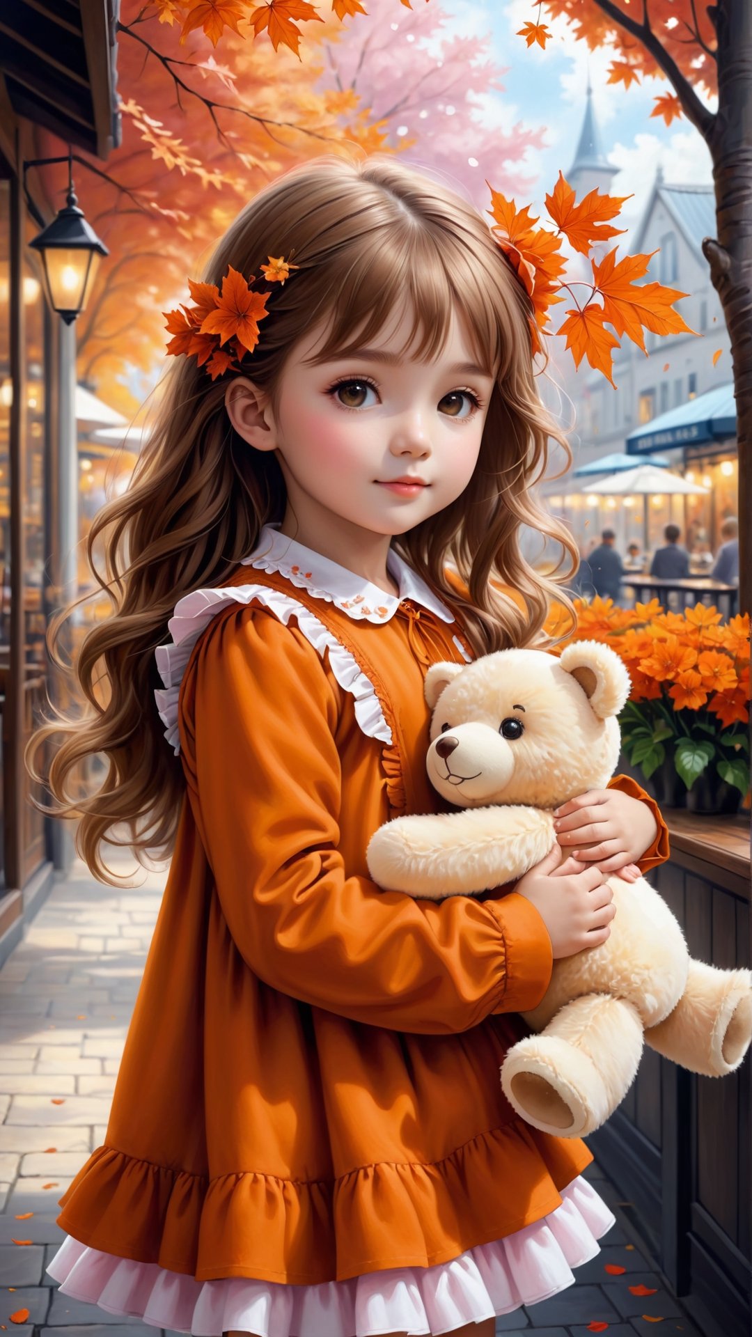 ((masterpiece), (best quality), (highly detailed)), Side view shot, Autumn style, flowers blooming, maple leaves falling, pink flower petals falling too, full body, A cute little girl with long hair wearing orange and white colour Ruffles shirt in the out door café holding a cute fluffy teddy bear in arm, happy and Lough, is the subject of this beautiful painting. The artist has created a realistic and detailed portrayal of a cute girl, showcasing their expertise in 4K digital art. The painting captures the essence of the little girl's features, bringing them to life with stunning realism. The use of oil adds to the beauty and richness of the portrait, making it a magnificent and visually captivating piece. This realistic and detailed oil painting is truly a work of art. flowers blooming and lighting bokeh as background