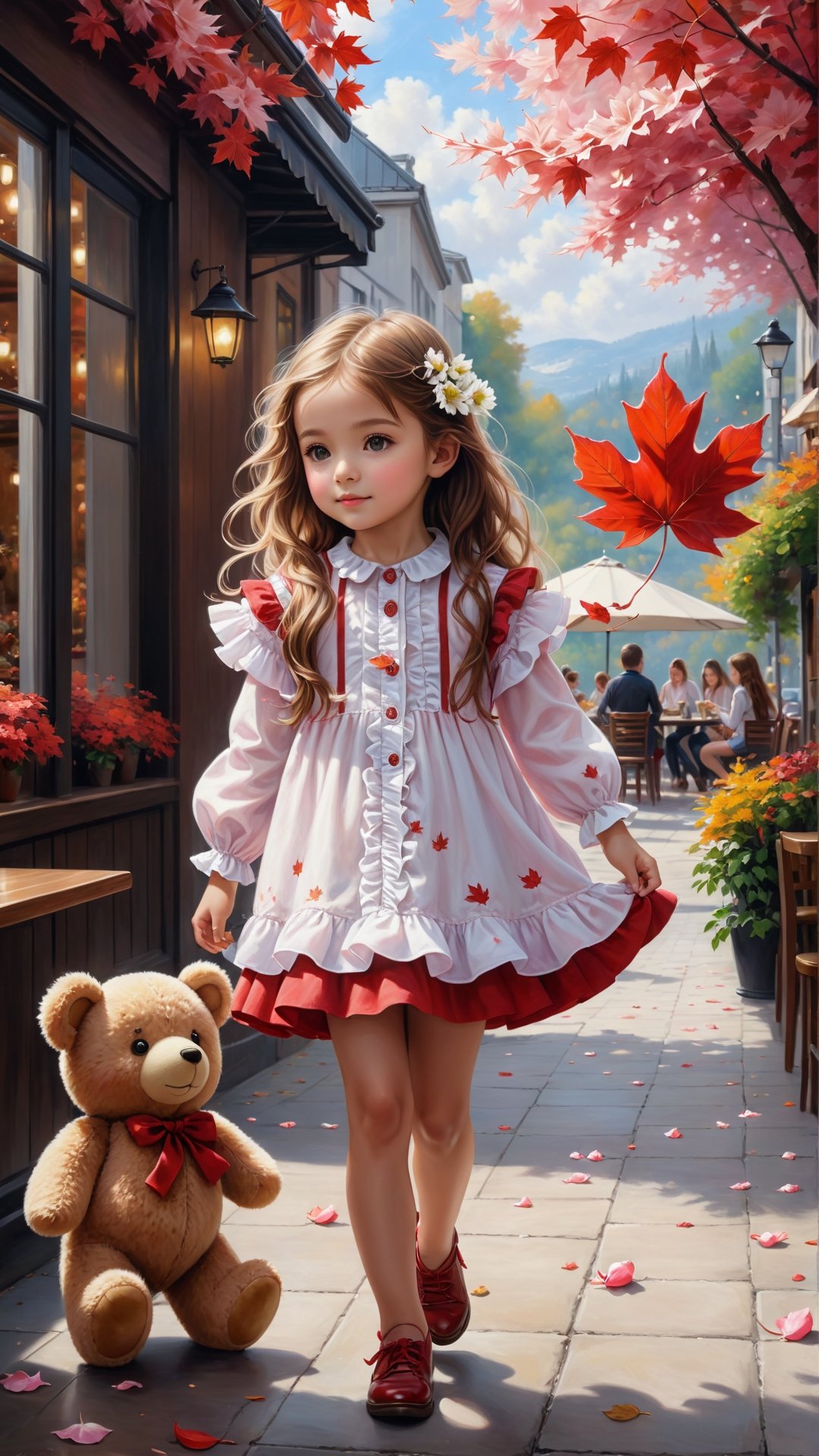 ((masterpiece), (best quality), (highly detailed)), Side view shot, Autumn style, flowers blooming, maple leaves falling, pink flower petals falling too, full body, A cute little girl with long hair wearing red and white colour Ruffles shirt in the out door café holding a teddy bear in arms is the subject of this beautiful painting. The artist has created a realistic and detailed portrayal of a cute girl, showcasing their expertise in 4K digital art. The painting captures the essence of the little girl's features, bringing them to life with stunning realism. The use of oil adds to the beauty and richness of the portrait, making it a magnificent and visually captivating piece. This realistic and detailed oil painting is truly a work of art. flowers blooming and lighting bokeh as background