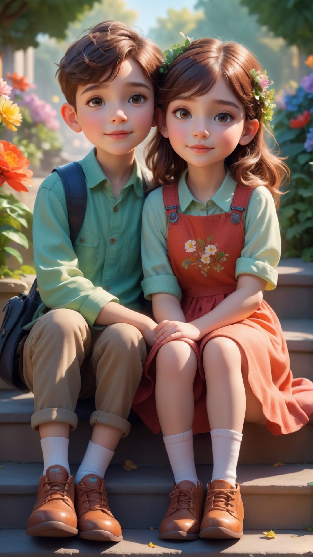 Pixar movie scene style, dreamy fantasy, hyper-realistic, stunning portrait, 1boy, 1girl, two cute children, on the steps in the park, they are friends, sitting on the steps chatting together, happy and happy cute, dreamy , sunshine, blooming flowers and light background blur, dreamy and warm. sunlight, intricate details, 12k, front, cover, unzoom, ultra detailed painting, glow, bar lighting, intricate, 4k resolution concept art portrait by Greg Rutkowski, Artgerm, WLOP, Alphonse Mucha, small fusion pojatti reality, fractal Isometric detail bioluminescence, a stunning realistic photo, wide angle, red, green, white colors