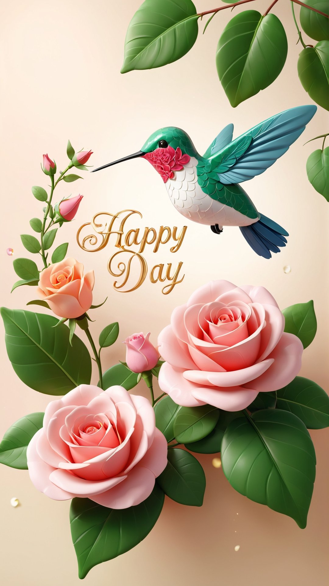 A stunning 3D render of a beautifully designed note, with elegant text that reads "Happy Mother's Day" The note features a delightful hummingbird drawing on a leaf, accompanied by a charming rose. The illustration is intricately detailed, with a sophisticated and cinematic style. The overall aesthetic of the image is both fashionable and artistic, perfect for a poster or photo.