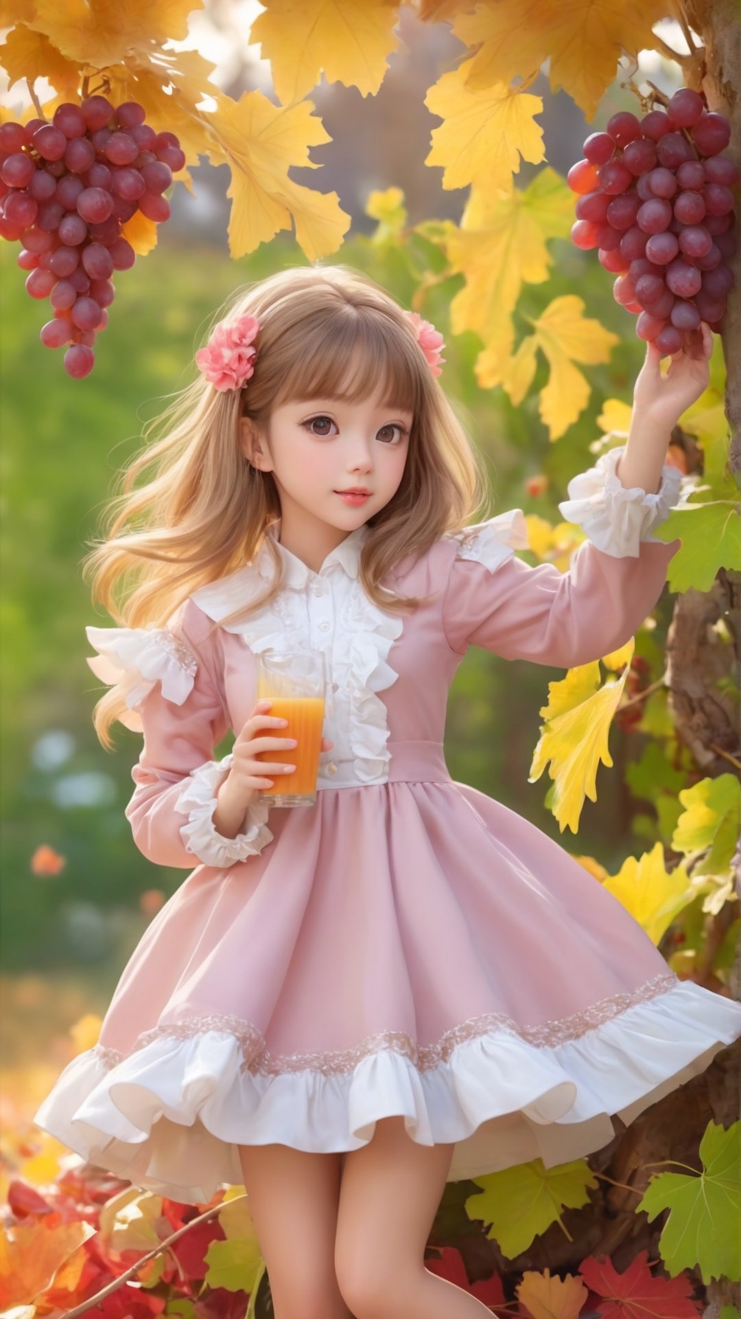 Side view, Autumn style, realistic high quality grapes tree, grapes full the branch, maple leaves falling, 1girl, big eyes so charming, happy,  under the tree have a table, and grape and beautiful flowers, maple leaves falling, and a adorable lovely cute big charming eyes girl wearing pink and white Ruffles dress and coat, holding juice 
 near flowers, Turn around and look viewers , pink flowers blooming fantastic amazing and romantic lighting bokeh, yellow flowers blooming realistic and green plants amazing tale and lighting as background, Xxmix_Catecat