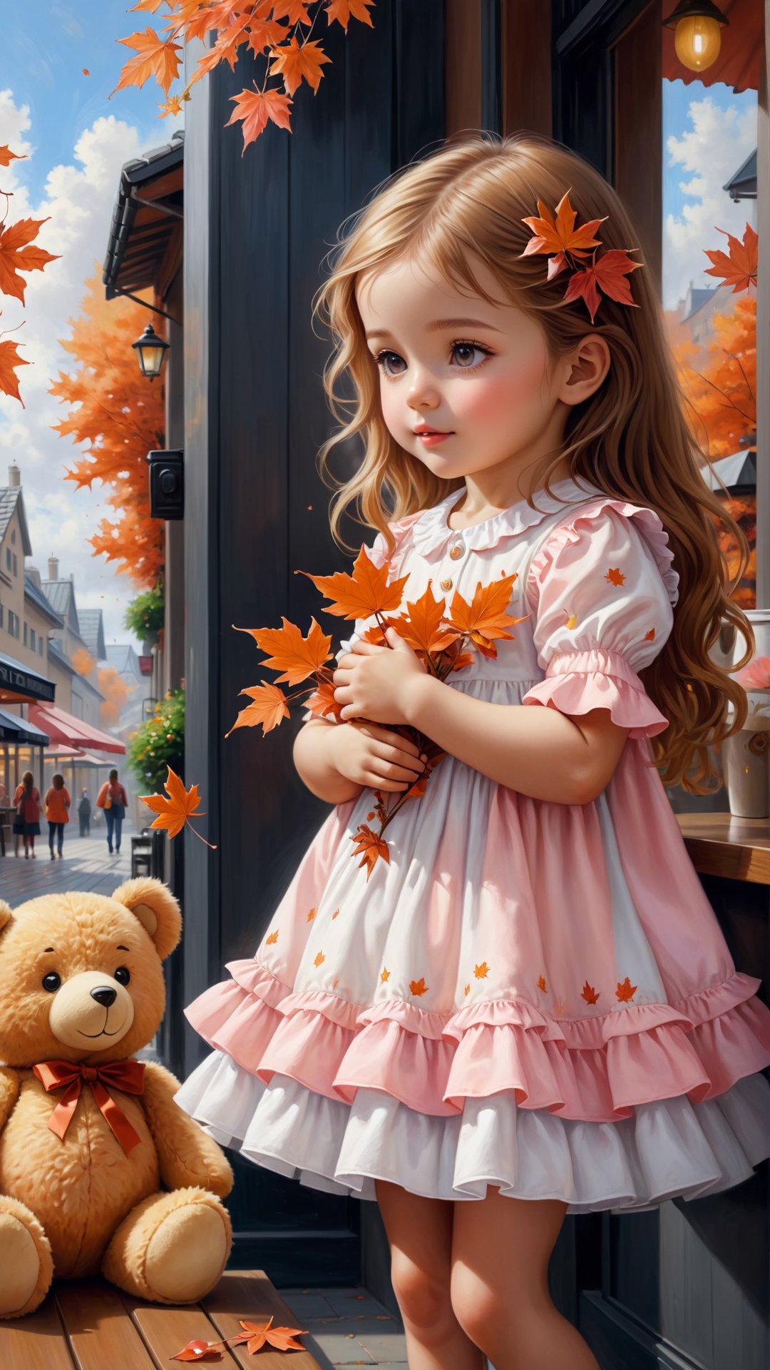 ((masterpiece), (best quality), (highly detailed)), Side view shot, Autumn style, flowers blooming, maple leaves falling, pink flower petals falling too, full body, A cute little girl with long hair wearing orange and white colour Ruffles shirt in the out door café holding a teddy bear in arms is the subject of this beautiful painting. The artist has created a realistic and detailed portrayal of a cute girl, showcasing their expertise in 4K digital art. The painting captures the essence of the little girl's features, bringing them to life with stunning realism. The use of oil adds to the beauty and richness of the portrait, making it a magnificent and visually captivating piece. This realistic and detailed oil painting is truly a work of art. flowers blooming and lighting bokeh as background