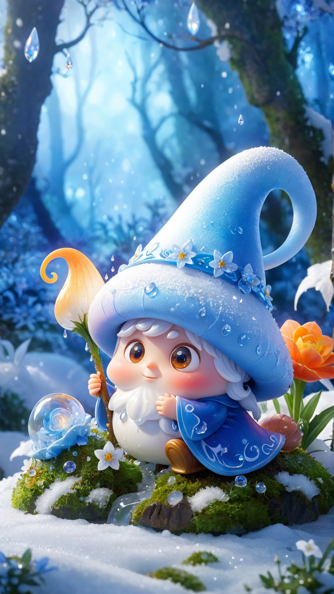 A wizard and his familiar, which is a magical ice snail with white skin and glowing blue crystalline shell, fantasy, snow, ice, flowers bloom and lights soft, digital art, a diminutive gently crying little wizard with curled pointy hat with tears as big as dew drops sitting in the rain on a leaf covered by moss, snowy forest background, tiny flowers, sparkling with frosty snow dew and snow drops, red orange and yellow colors through dappled sunlight,perfecteyes eyes