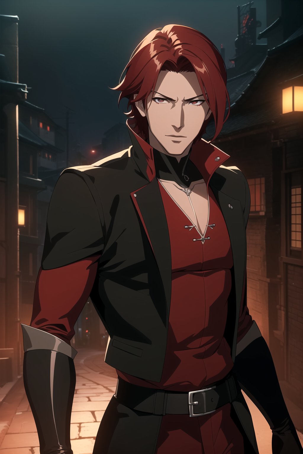 (Masterpiece, Best Quality), (A Skillful 25-Year-Old Japanese Male Secret Agent), (Wavy Short Crimson Hair:1.4), (Pale Skin), (Dark Brown Eyes), (Wearing Black and Red Sleek Tactical Outfit:1.4), (Modern City Road at Night:1.4), (Dynamic Pose:1.2), Centered, (Half Body Shot:1.4), (From Front Shot:1.4), Insane Details, Intricate Face Detail, Intricate Hand Details, Cinematic Shot and Lighting, Realistic and Vibrant Colors, Sharp Focus, Ultra Detailed, Realistic Images, Depth of Field, Incredibly Realistic Environment and Scene, Master Composition and Cinematography, castlevania style,castlevania style