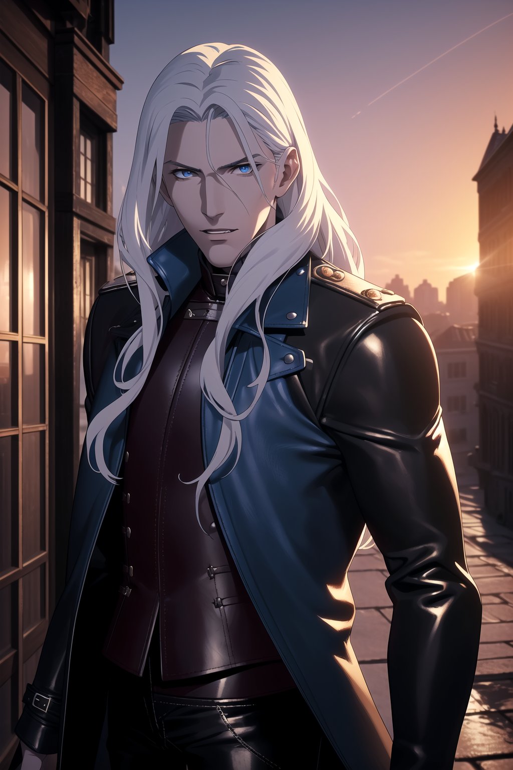 (Masterpiece, Best Quality), (A Handsome 25-Year-Old British Male Vampire Slayer), (Long Flowing White Hair:1.4), (Pale Skin), (Crimson Eyes), (Wearing Blue Long Leather Coat and Black Long Pants:1.6), (City Road at Evening with Sunset:1.4), (Dynamic Pose:1.2), Centered, (Half Body Shot:1.4), (From Front Shot:1.4), Insane Details, Intricate Face Detail, Intricate Hand Details, Cinematic Shot and Lighting, Realistic and Vibrant Colors, Sharp Focus, Ultra Detailed, Realistic Images, Depth of Field, Incredibly Realistic Environment and Scene, Master Composition and Cinematography,castlevania style