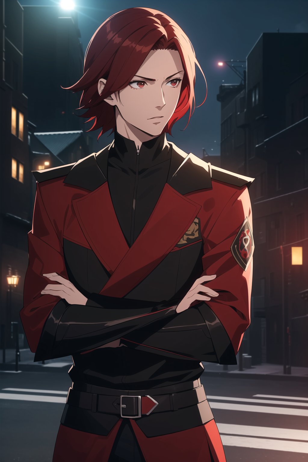 (Masterpiece, Best Quality), (A Skillful 25-Year-Old Japanese Male Secret Agent), (Wavy Short Crimson Hair:1.4), (Pale Skin), (Dark Brown Eyes), (Wearing Black and Red Sleek Tactical Outfit:1.4), (Modern City Road at Night:1.4), (Crossed Arms Pose:1.2), Centered, (Half Body Shot:1.4), (From Front Shot:1.4), Insane Details, Intricate Face Detail, Intricate Hand Details, Cinematic Shot and Lighting, Realistic and Vibrant Colors, Sharp Focus, Ultra Detailed, Realistic Images, Depth of Field, Incredibly Realistic Environment and Scene, Master Composition and Cinematography, castlevania style,castlevania style