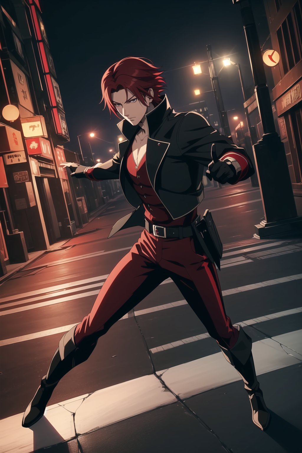 (Masterpiece, Best Quality), (A Skillful 25-Year-Old Japanese Male Secret Agent), (Wavy Short Crimson Hair:1.4), (Pale Skin), (Dark Brown Eyes), (Wearing Black and Red Sleek Tactical Outfit:1.4), (Modern City Road at Night:1.4), (Dynamic Pose:1.2), Centered, (Half Body Shot:1.4), (From Front Shot:1.4), Insane Details, Intricate Face Detail, Intricate Hand Details, Cinematic Shot and Lighting, Realistic and Vibrant Colors, Sharp Focus, Ultra Detailed, Realistic Images, Depth of Field, Incredibly Realistic Environment and Scene, Master Composition and Cinematography, castlevania style,castlevania style