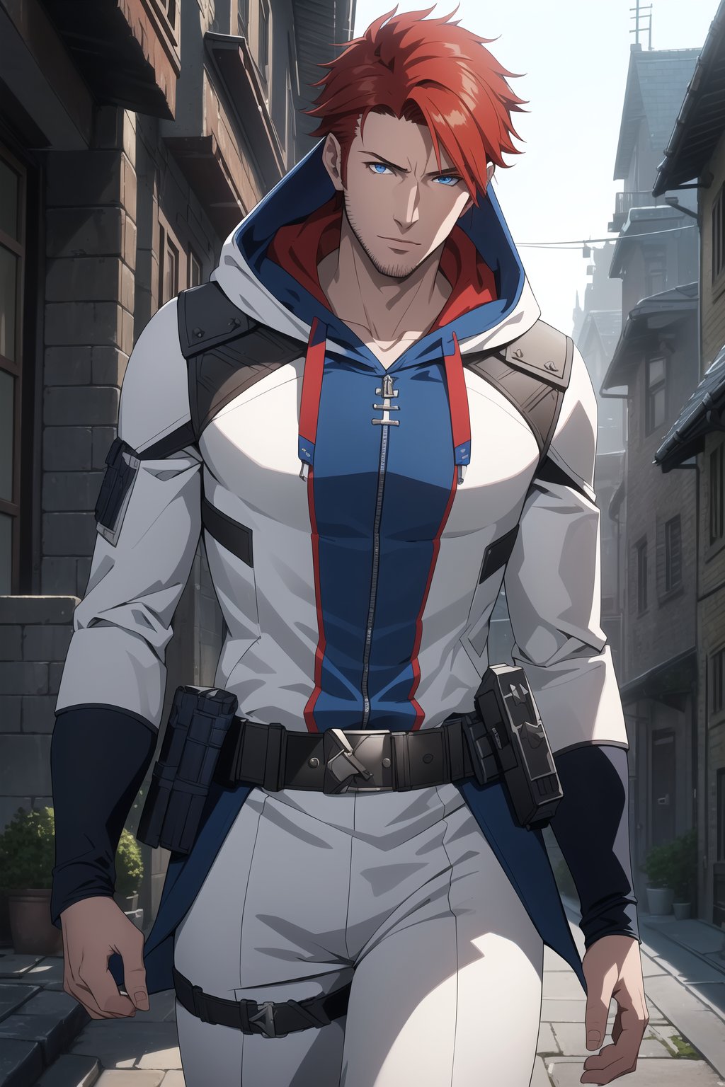 (Masterpiece, Best Quality),  (A Handsome 25-Year-Old British Male Werewolf Hunter), (Spiky Short Red Hair:1.2), (Pale Skin), (Blue Eyes), (Wearing White and Blue Tactical Assassin Outfit with Hood:1.4), (Modern City Road at Noon:1.2), (Walking Pose:1.4), Centered, (Half Body Shot:1.4), (From Front Shot:1.4), Insane Details, Intricate Face Detail, Intricate Hand Details, Cinematic Shot and Lighting, Realistic and Vibrant Colors, Sharp Focus, Ultra Detailed, Realistic Images, Depth of Field, Incredibly Realistic Environment and Scene, Master Composition and Cinematography,castlevania style