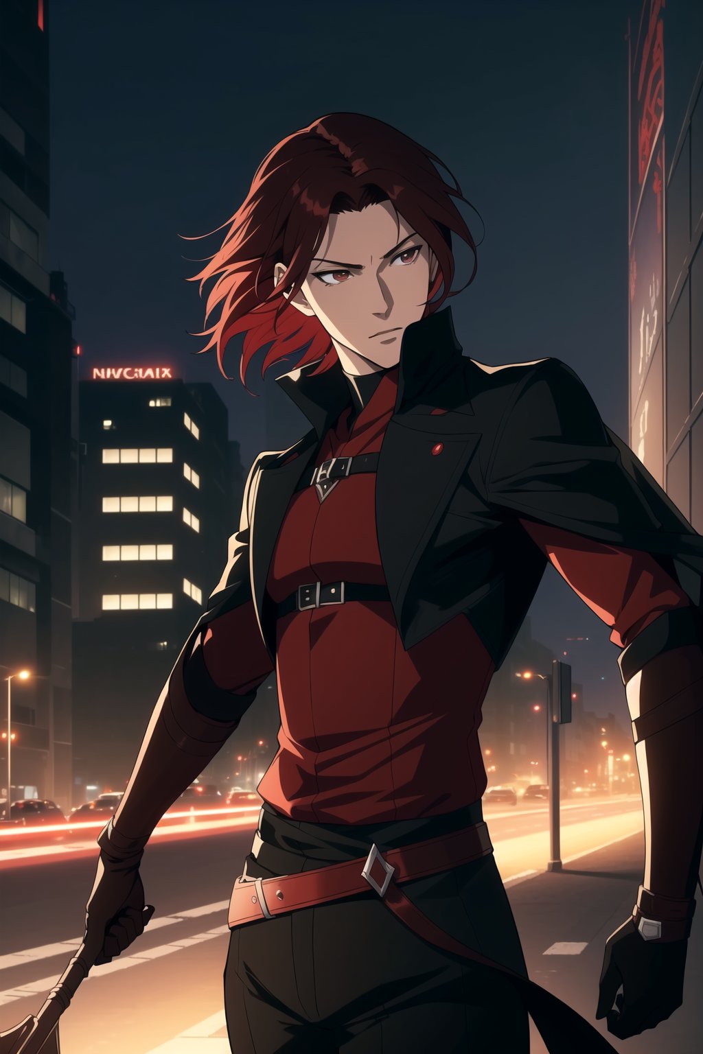 (Masterpiece, Best Quality), (A Skillful 25-Year-Old Japanese Male Secret Agent), (Wavy Short Crimson Hair:1.2), (Pale Skin), (Brown Eyes), (Wearing Black and Red Sleek Tactical Outfit:1.4), (Modern City Road at Night:1.4), (Dynamic Pose:1.2), Centered, (Half Body Shot:1.4), (From Front Shot:1.4), Insane Details, Intricate Face Detail, Intricate Hand Details, Cinematic Shot and Lighting, Realistic and Vibrant Colors, Sharp Focus, Ultra Detailed, Realistic Images, Depth of Field, Incredibly Realistic Environment and Scene, Master Composition and Cinematography, castlevania style,castlevania style